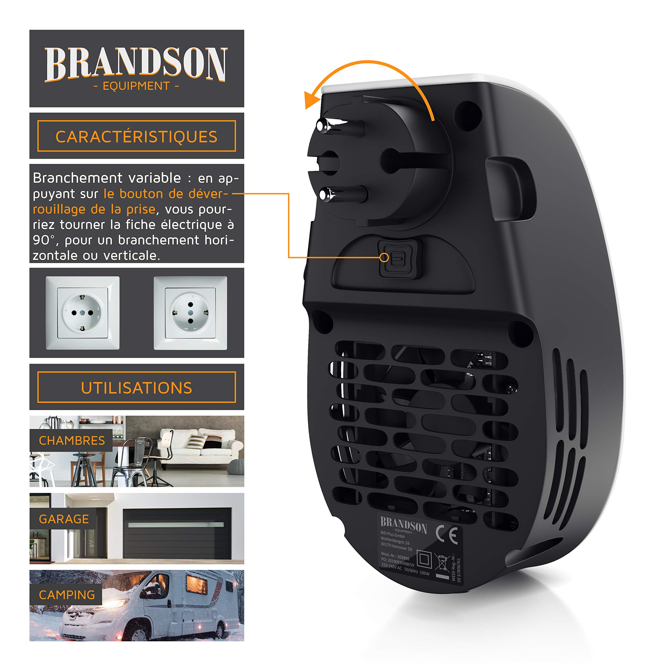 Brandson - Mini chauffage soufflant céramique 500W - Mini radiateur soufflant avec télécommande - Minuterie 1 à 12h - Thermostat 15° à 30° - fiche électrique pivotante à 90° - salle de bain, bureau