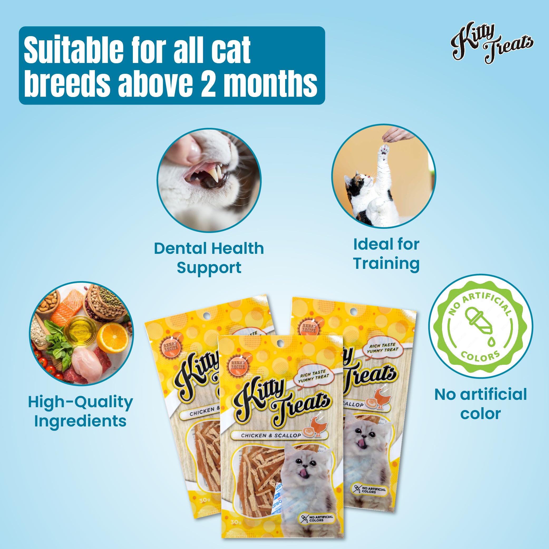 Rena Kitty Treats for Cat β Protein & Fiber Rich Healthy Cat Snacks, No Artificial Colors, Premium Reward & Training Treat, Supports Skin & Coat Health, Suitable for All Cats & Kittens, Pack of 3 2