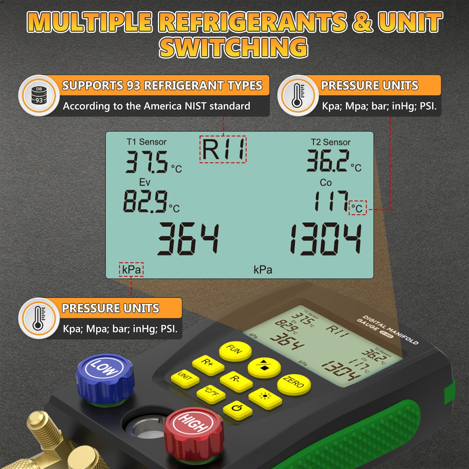 Manomètre Numérique de Réfrigération, Manomètre électronique pour Système de Collecteur de Climatisation HVAC pour 89 Types Réfrigérants, pour L'entretien du Climatiseur, du Réfrigérateur