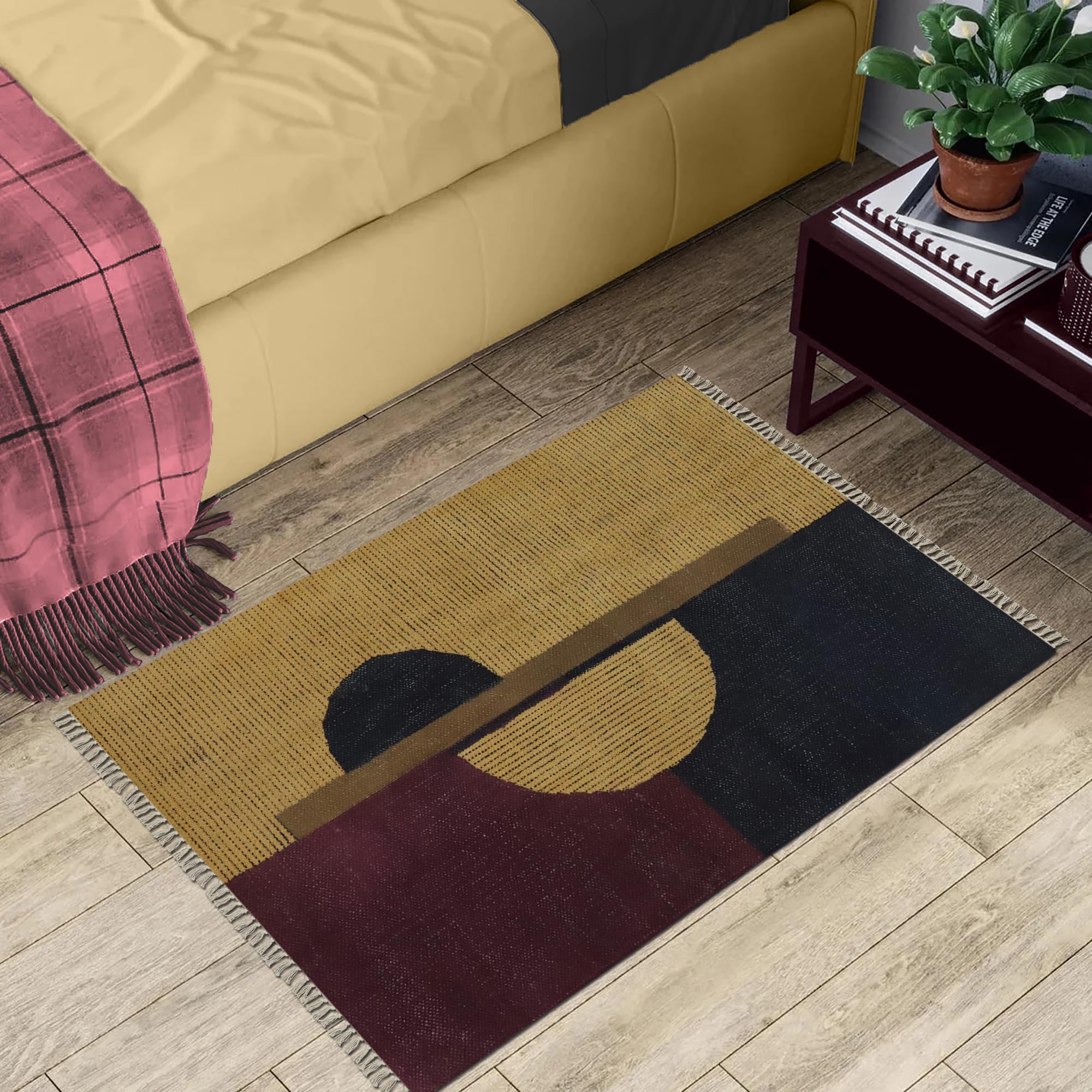 Indische Kunsthandwerker Baumwoll-Teppich, Kelim-Teppich, 25,4 x 45,7 cm, Braun Kastanienbraun, Bodenteppich für Fußmatte, Boho-Teppich, waschbarer Teppich, für Innen- und Außenbereich, Flachgewebe,