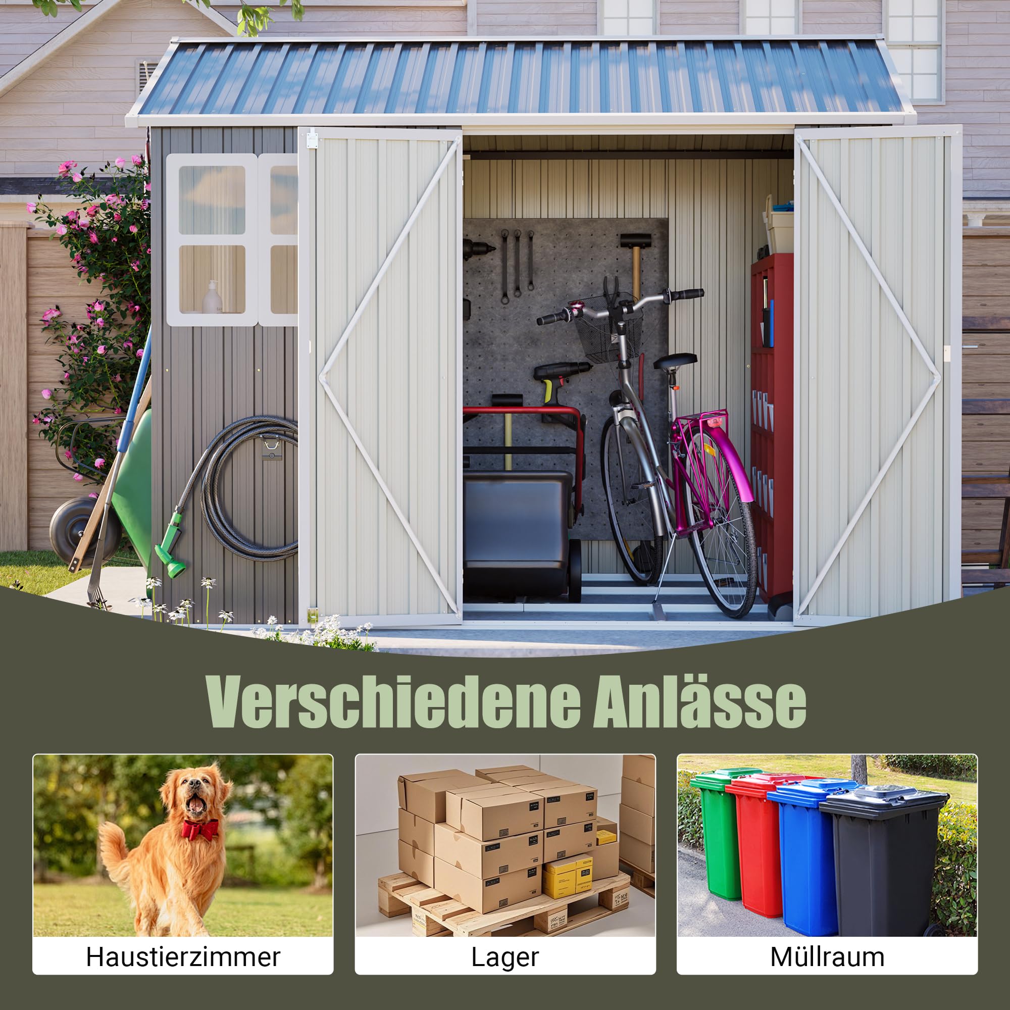 Thanaddo 8×6ft Gerätehaus Metall Groß Geräteschuppen 250x180x200cm mit Fundamentrahmen, Wetterfest Gartenhaus mit Fenster & Abschließbarer Tür, Gartenschuppen für Outdoor Garten Hinterhof, Grau