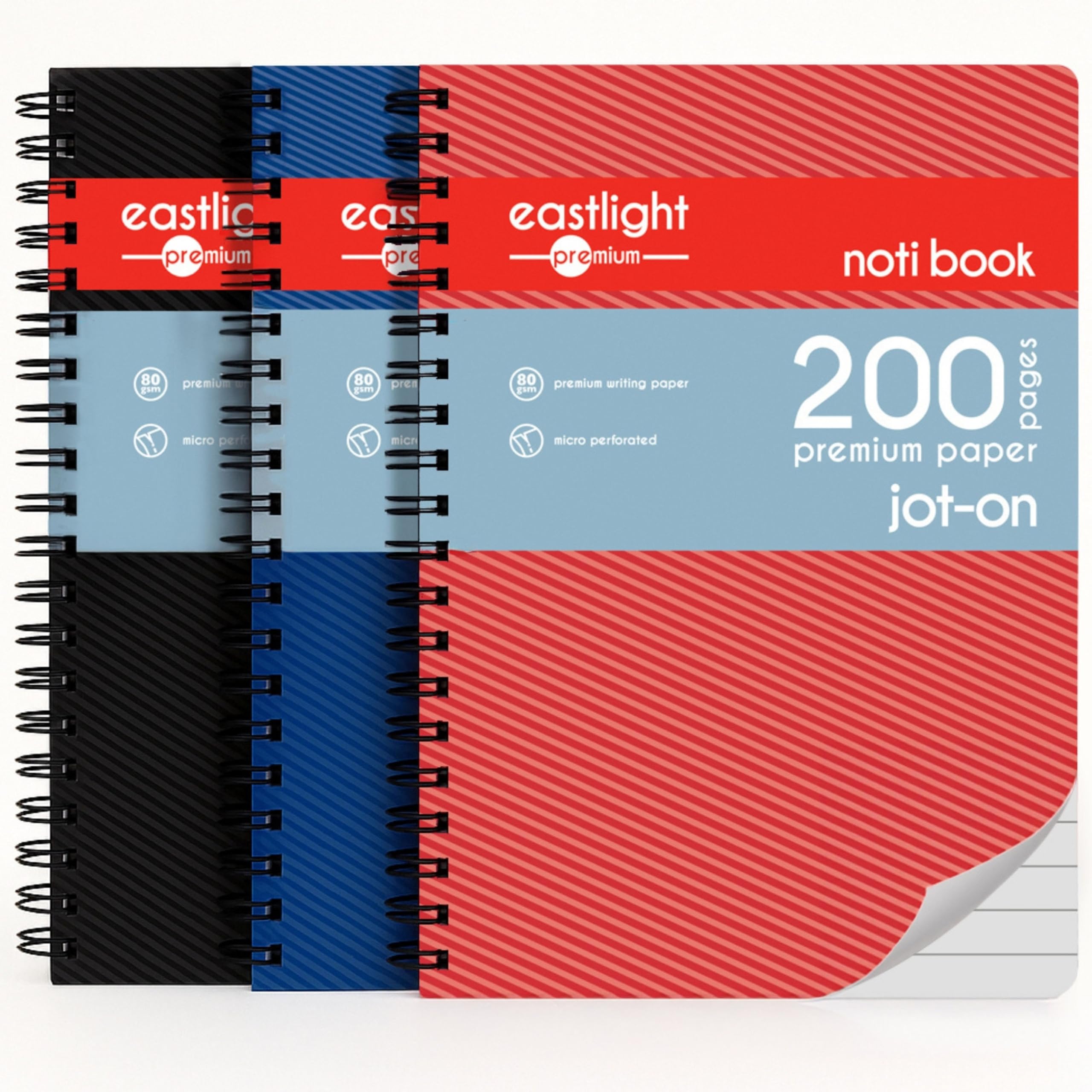 Noti A5 Jot-On Writing Notepad for School, Home and Office, 80gsm Paper Twin Wirebound Notebook 8mm Lines with Side Perforation, Rounded Corner, Pack of 3