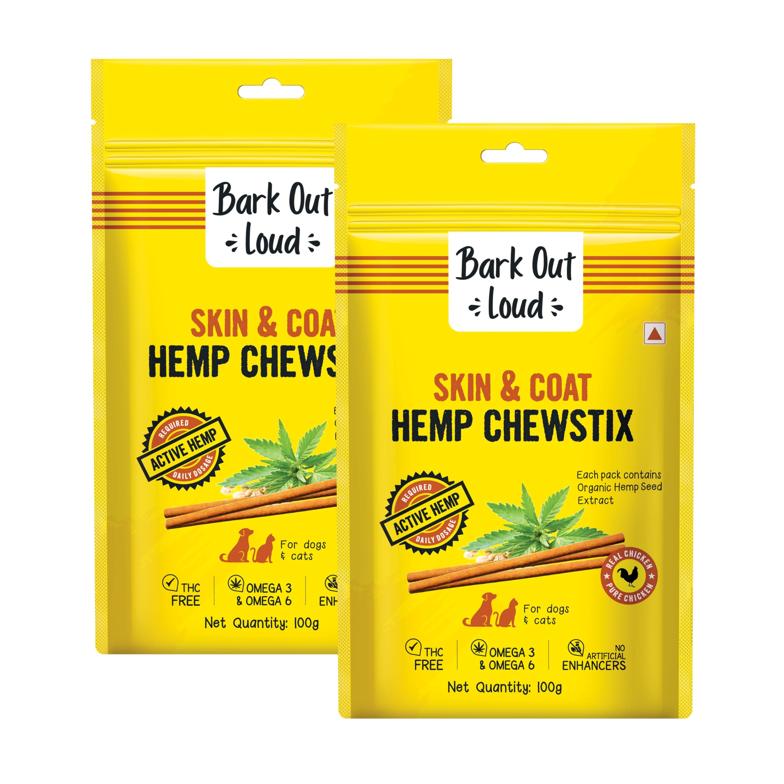 Fresh Chicken Dog Treats, Hemp Chewstix with Omega 3 & Vitamin E for Healthy Skin & Coat, Suitable for Dogs & Cats of All Life Stages, 100g Each (Pack of 2)