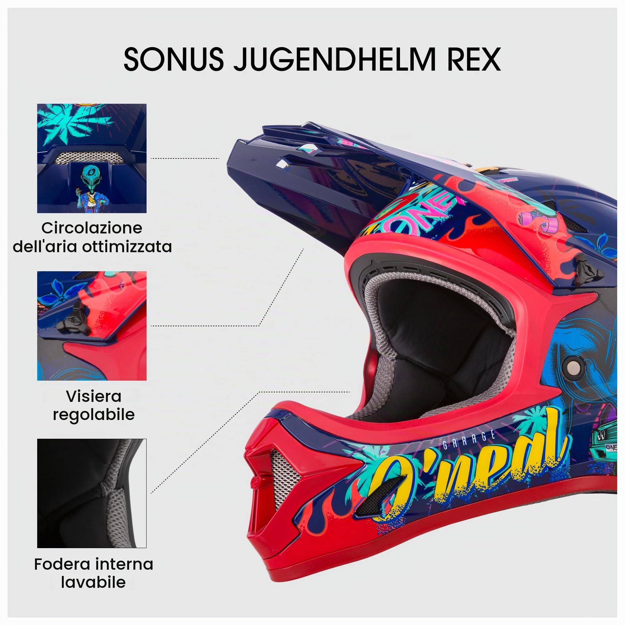 O'NEAL | Casco da mountain bike | Bambini | MTB| Calotta in ABS, Prese d'aria per una ventilazione e un raffreddamento ottimali, Standard di sicurezza EN1078 | Casco Sonus Youth Rex | Multi | Taglia L