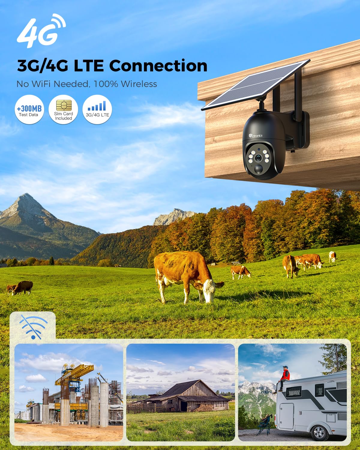 Ctronics 2K 4G LTE Camera Surveillance Solaire Extérieure sans Fil,Cloud | PTZ Caméra IP Carte SIM avec Batterie 10400mAh, Vision Nocturne Couleur, PIR Détection, Audio Bidirectionnel,IP66 (Noir)