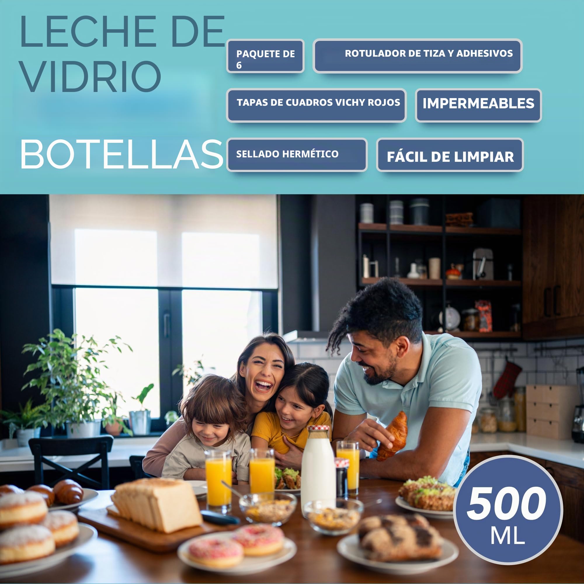 HEFTMAN Botellas de leche de vidrio con tapas, vacías de 500 ml, juego de 6 botellas de leche de vidrio herméticas con tapas de cuadros rojos para bebidas, HM3301