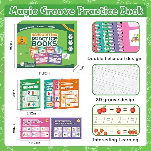 Miniatura 6 de Práctica de escritura ranurada mágica para niños, paquete de 6 libros de práctica de escritura a mano grandes reutilizables, libros de trabajo de