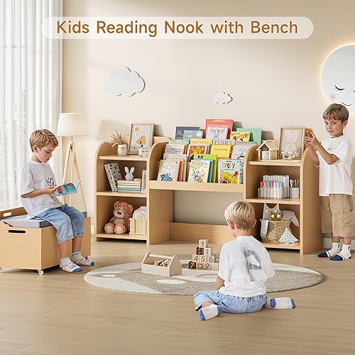 Miniatura 3 de ONBRILL Estantería para niños con rincón de lectura, organizador de almacenamiento de juguetes de 64.5 pulgadas con banco móvil con 3