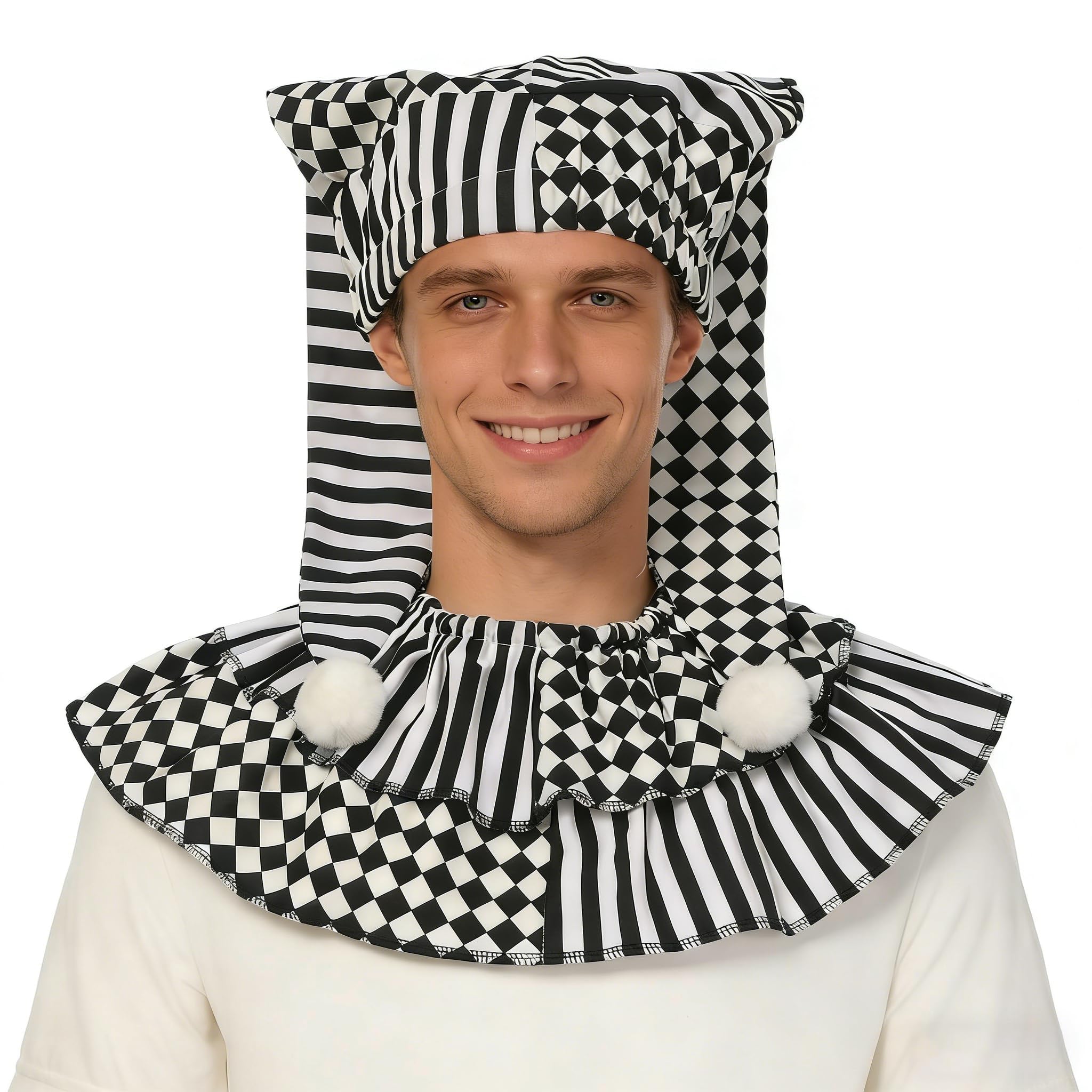 UniqKaliber Halloween Jester Costume Set Clown Ruffle Collar Black White Clown Hat with Pom Poms