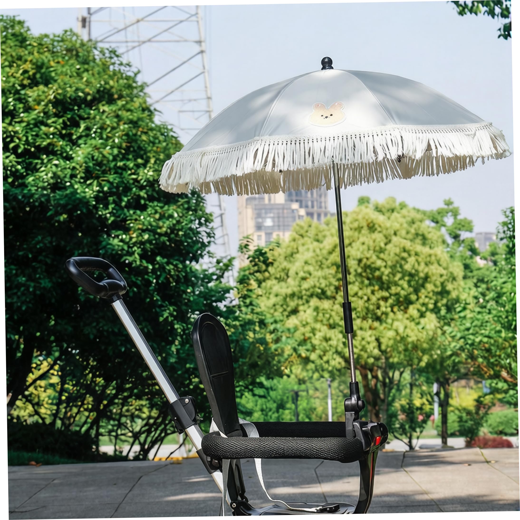 Sombrillas, silla para bebé con sombrilla, silla de playa segura para niños pequeños con sombrilla y abrazadera, revestimiento plateado y borde de encaje blanco, linda para días de sol ll