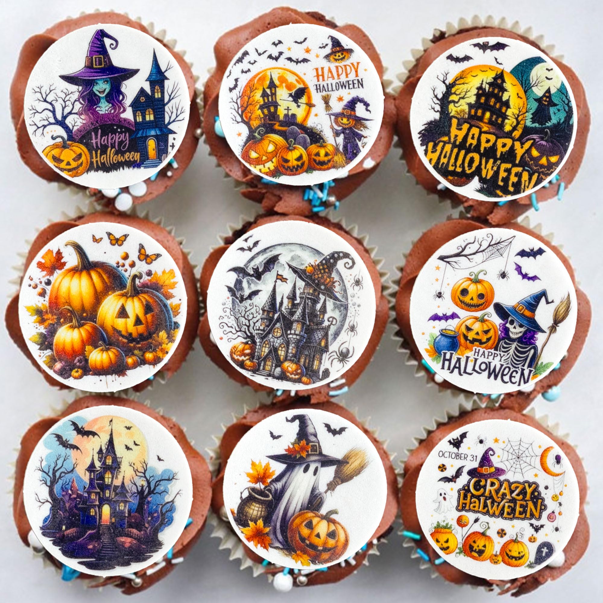 Gyufise 54Pcs Edible Happy Halloween Cupcake Toppers Wafer Paper Pumpkins Ghost Black Cats Cupcake Picks Skull Cupcake Toppers for Halloween Eve Theme Party Birthday Decor Supplies Orange Black