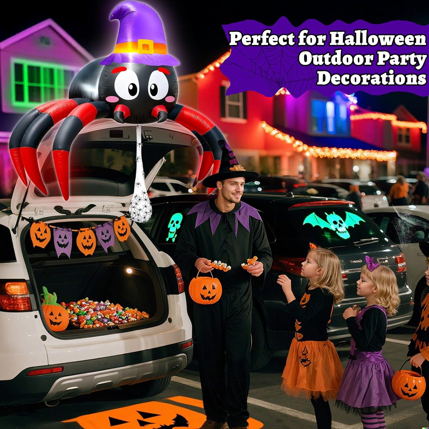 3 FT Halloween Inflatables Spider Trunk Or Treat Car Decorations Kit Built-in LEDs Blow Up Spider with Hat and Spider Web for Car SUV Truck Parade Halloween Decorations Outdoor Yard Decor