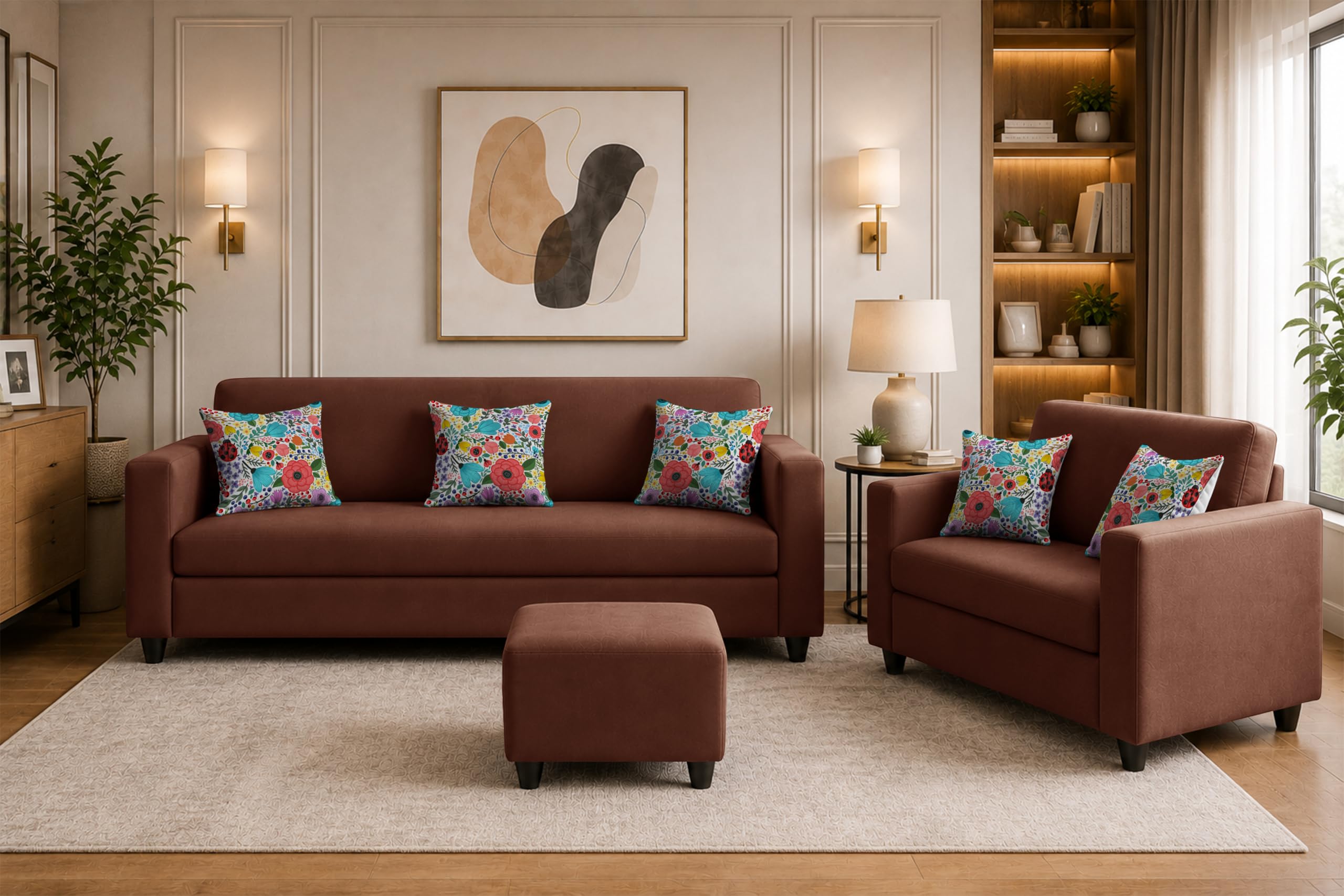 Rosebell 3+2 Fabric Sofa Set with Ottoman | Premium Upholstery 5-Seater Sofa | with Printed Cushions | Living Room Furniture |Brown-Color discount deal