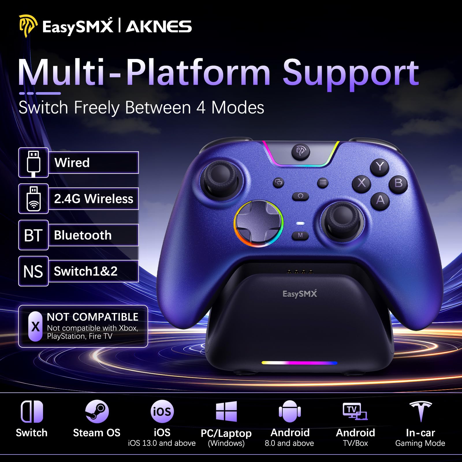 EasySMX X05Pro PC-Controller für PC/Switch/Android/iOS, Hall-Effekt-Joysticks, 1000Hz Abfragerate, RGB-Beleuchtung - Lila