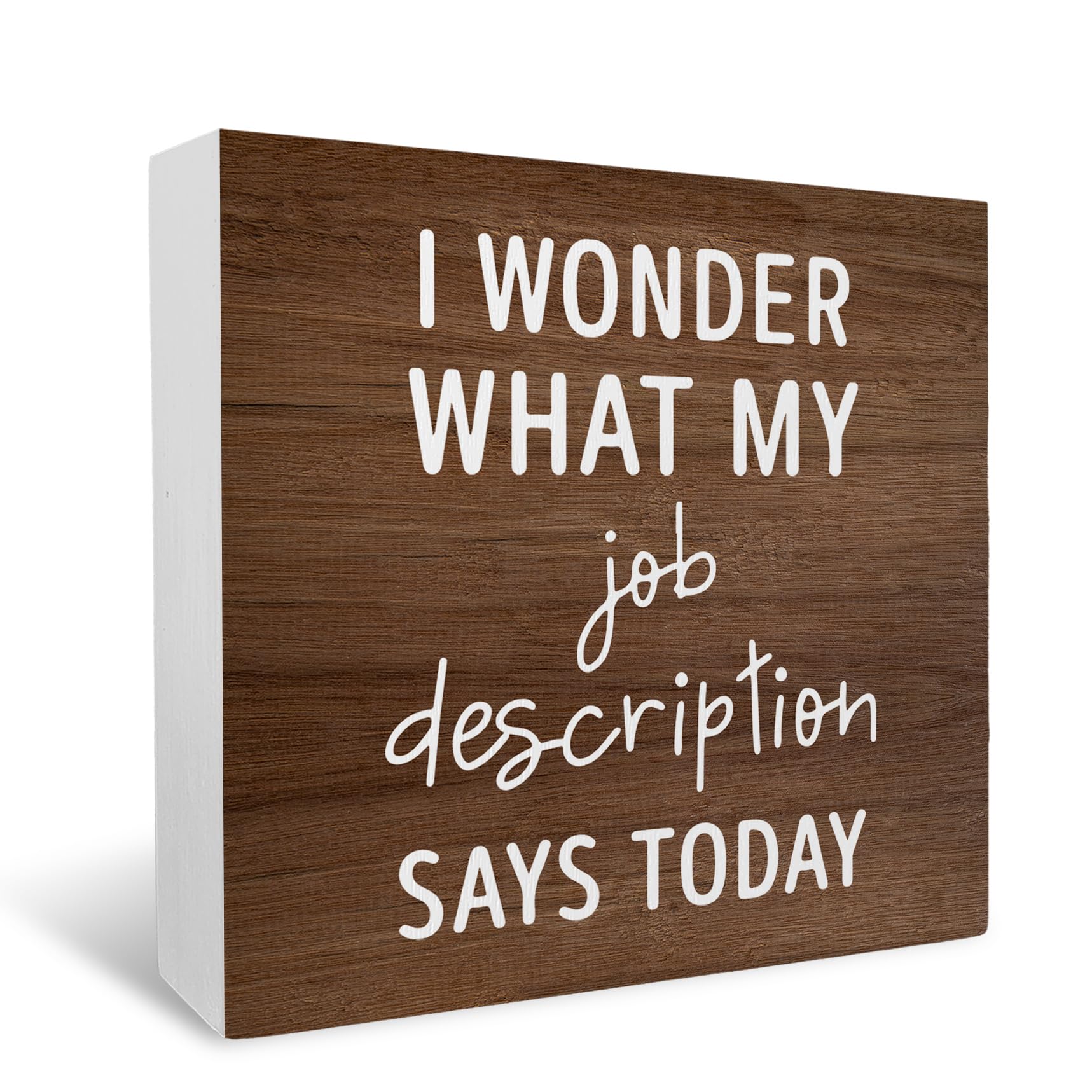 I Wonder What My Job Description Says Today Wooden Box Sign Desk Decor, Funny Office Humor Wood Box Block Sign for Home Office Shelf Tabletop Decoration (5 X 5 Inches)