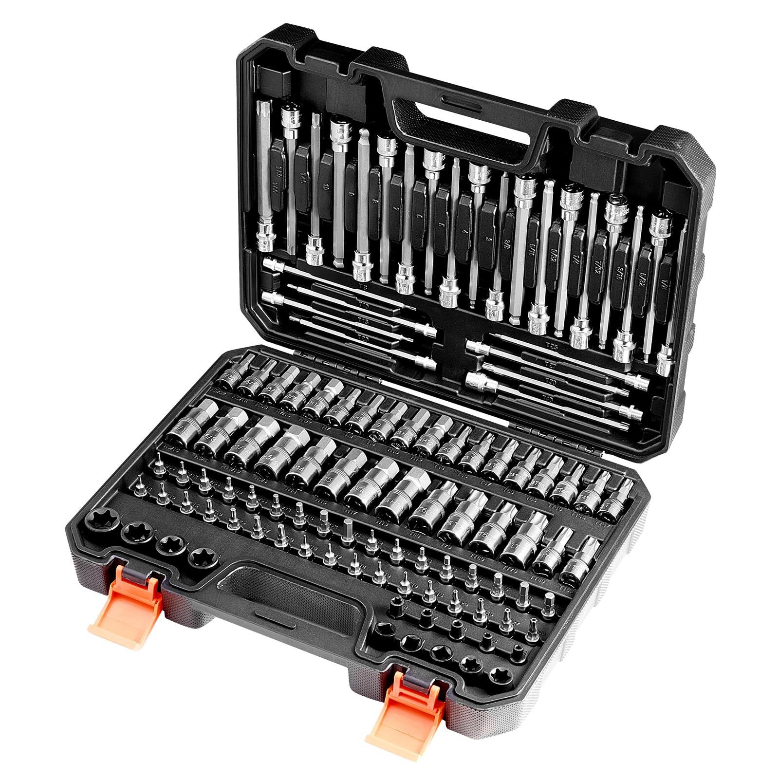 VEVOR Set di Bussole 107 Pezzi SAE e Metriche, Esagonali/Torx/Torx Esterne, Acciaio Legato S2 e Acciaio Cr-V, Attacchi 0,63/0,95/1,27 cm con Custodia di Stoccaggio Migliorata, Uso Manuale