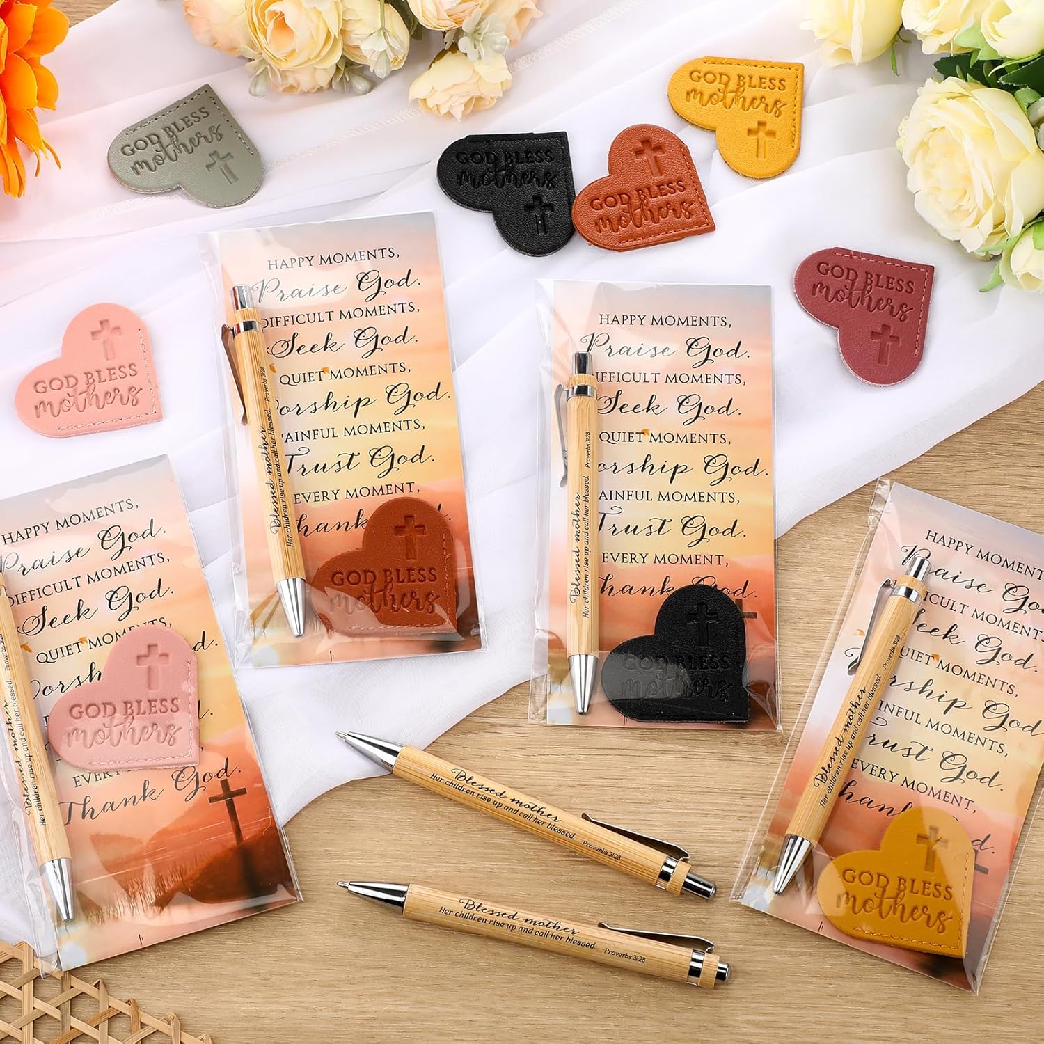 Remuuly Christian Gifts Bulk for Mom Women God Bless Mothers Leather Heart Bookmarks Bible Verse Bamboo Scripture Pen with Motivational Inspirational Card for Christmas Church Activities(60 Set)