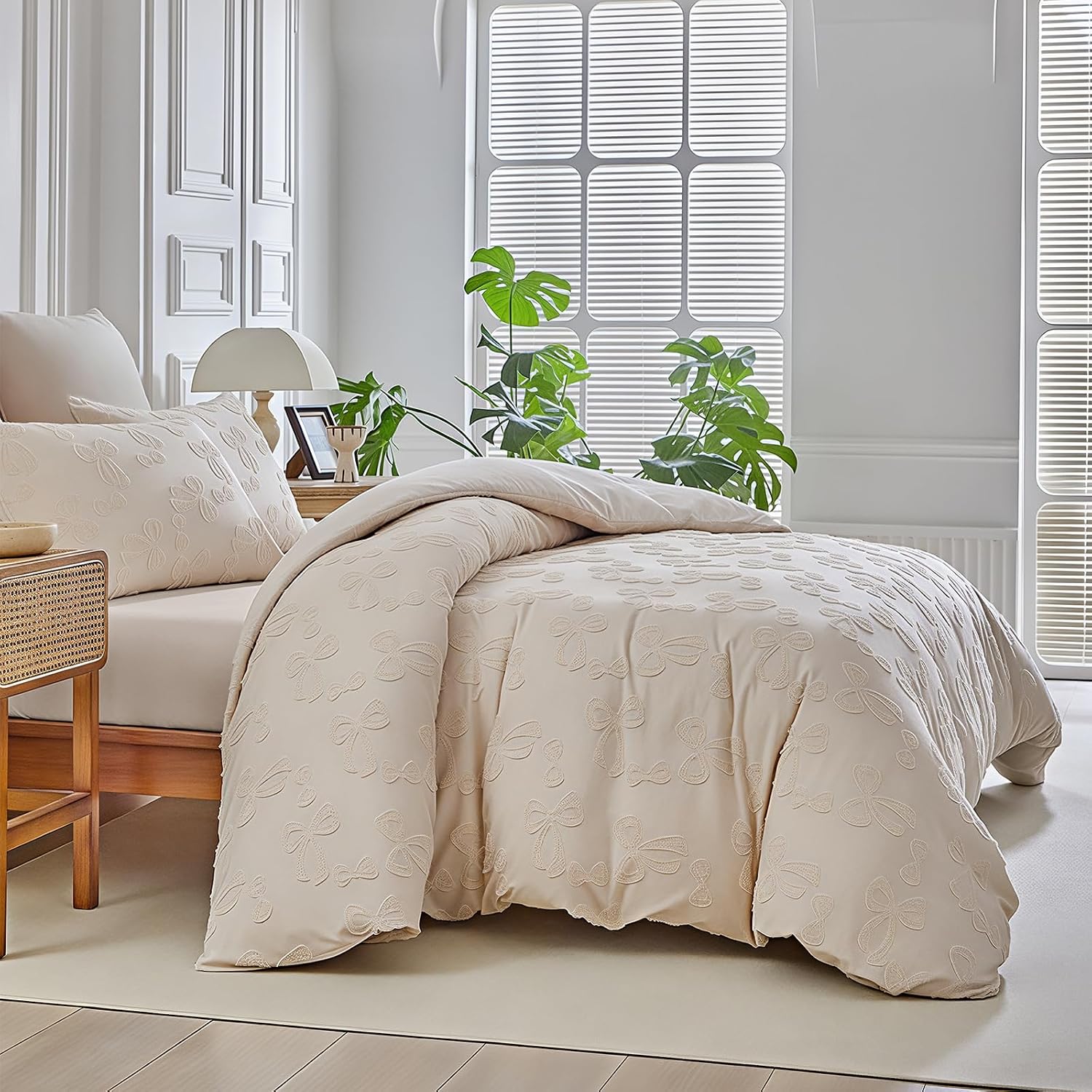 7 Pieces Bow Comforter Set for Girls Kids Khaki Tufted Boho Bedding Set Full Size Farmhouse Bed in A Bag as Gifts (1 Comforter, 1 Flat Sheet, 1 Fitted Sheet, 2 Pillowcase and 2 Pillow Sham)