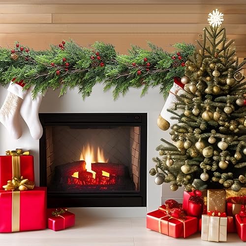 Miniatura 5 de Guirnalda de Navidad de cedro sintético con bayas rojas y conos de pino, vegetación de invierno sintética completa para repisas navideñas,