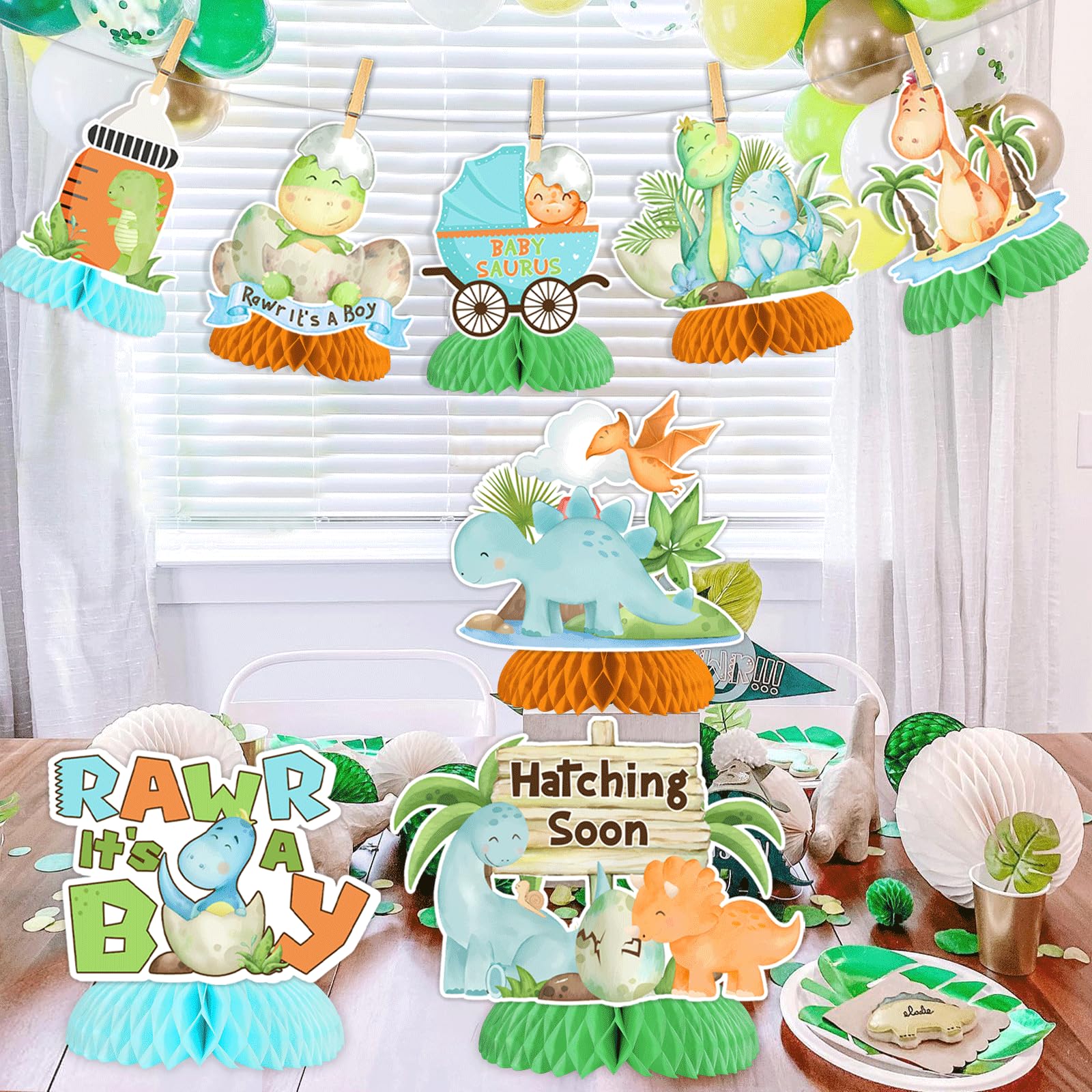 JOYMEMO 8 Pieces Dinosaur Baby Shower Honeycomb Centerpieces for Boys Hatching Soon Baby Shower Table Decorations - Image 4