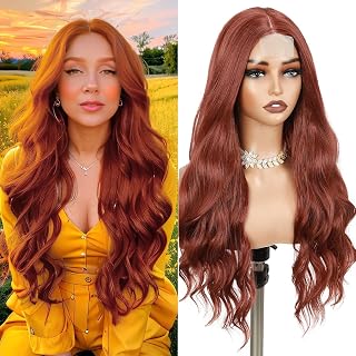 Fancy Hair Auburn Wavy Wigs 26 Inch Long Ginger Middle Part Curly Wavy Wig Small Lace Front Copper Red Synthetic Long Wig for Women Girl Cosplay Daily Party Use