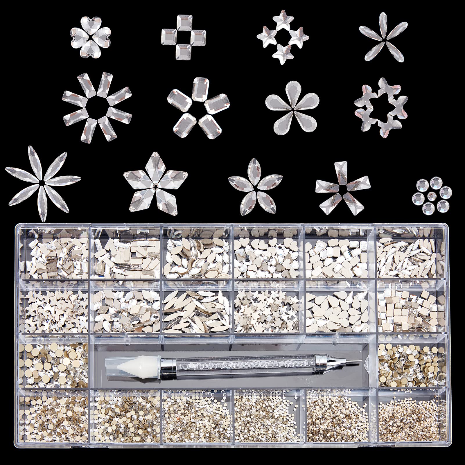 NICENEEDED Set di Strass Flatback A 20 stile con Scatola di Immagazzinaggio Diamantata, 3100 pezzo di Gemme per Unghie di Dimensioni Miste con Penna A Cera Professionale