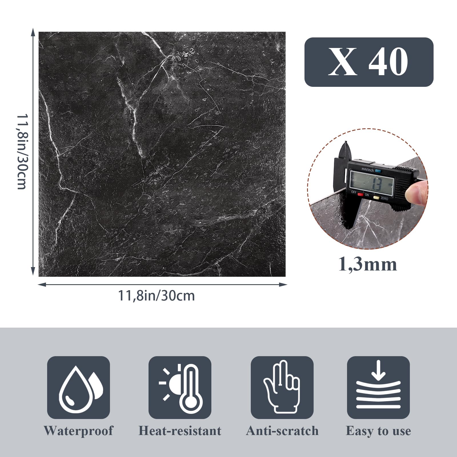 CYEER 40 Stück Vinylboden Selbstklebend (3,6m²) – 30x30cm PVC Bodenfliesen in Marmor-Optik Schwarz – Wasserfester Bodenbelag für Küche, Bad & Wohnzimmer – DIY Klebefliesen für schnelle Renovierung
