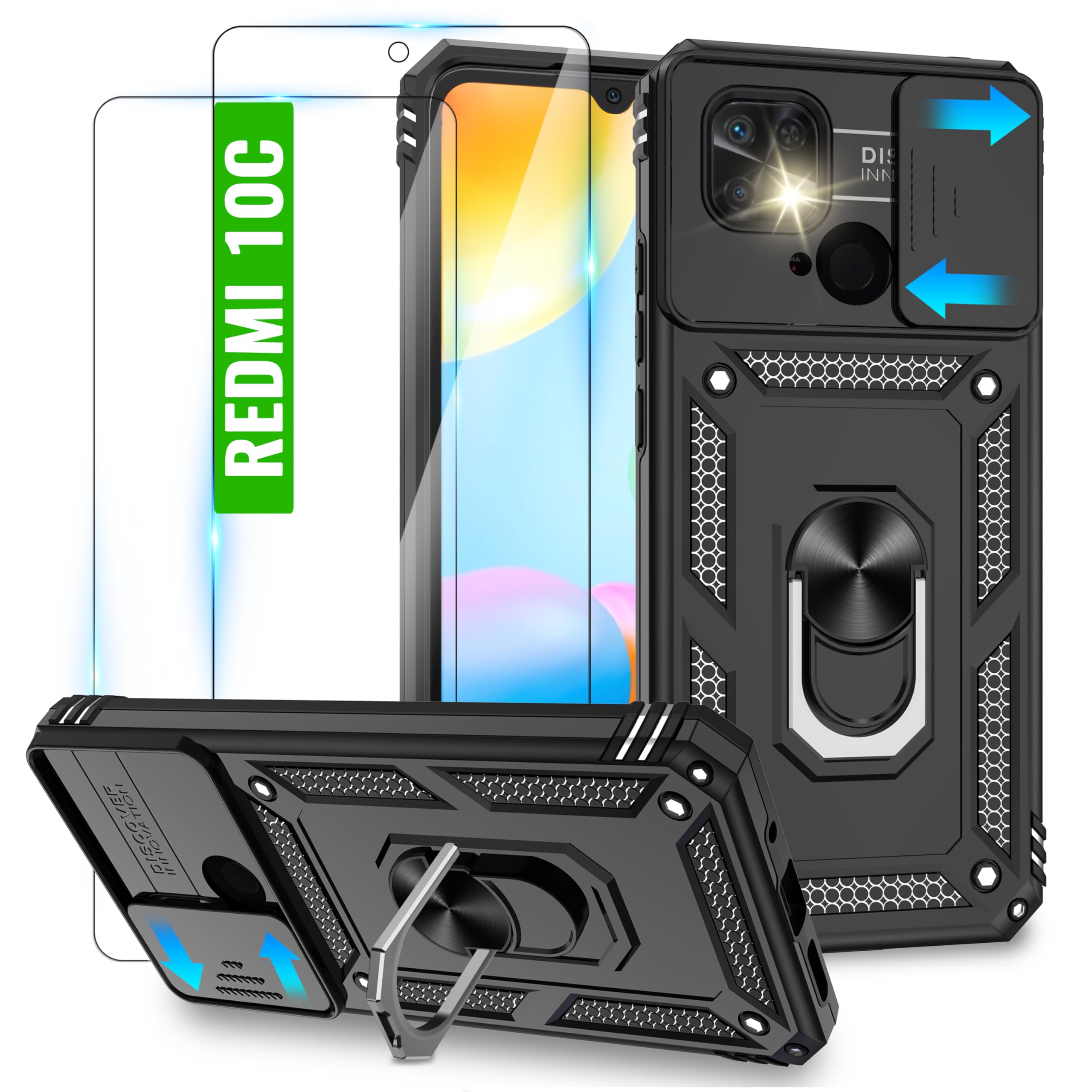 for Redmi 10C/Poco C40 Case with 2 HD Screen Protector & Slide Camera Cover, 360° Rotation Ring Kickstand [Military Grade] Case for Redmi 10C/Poco C40, Black
