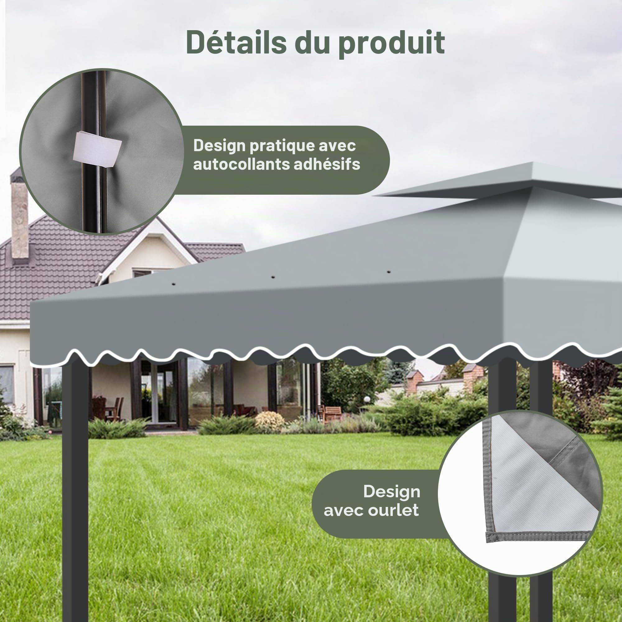Toit de Remplacement pour Pavillon Pliant 3x3, Double Toit Imperméable avec Bord Ondulé et Protection UV UPF50+, Couverture Pergola Ventilée pour Jardin, Terrasse et Camping