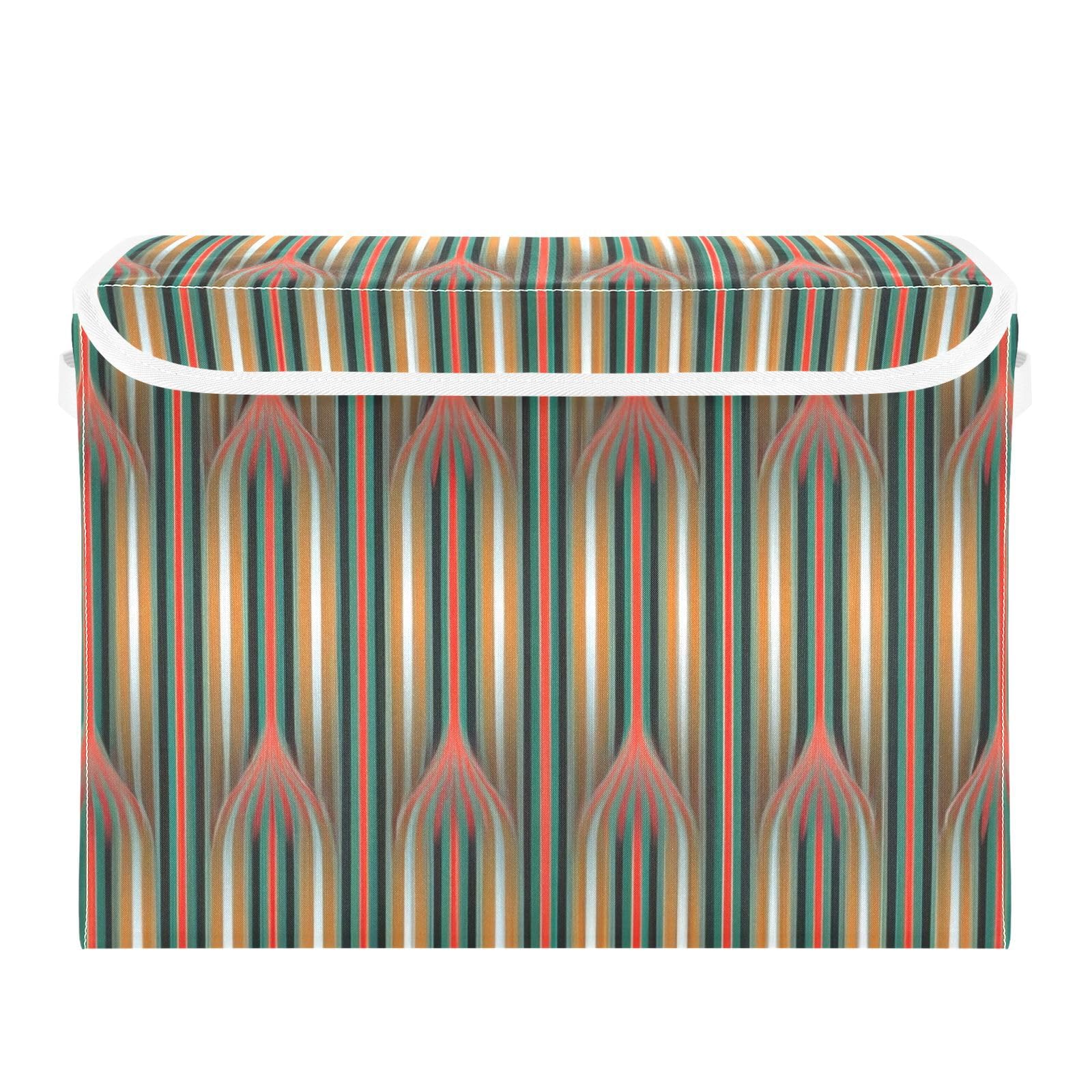 Ewusp Ethnic Printing Fabric Storage Bin with Lid, Decorative Foldable Storage Basket with Handles, Stackable Closet Shelf Organiser Box for Clothes, Books, Bedroom, Living Room