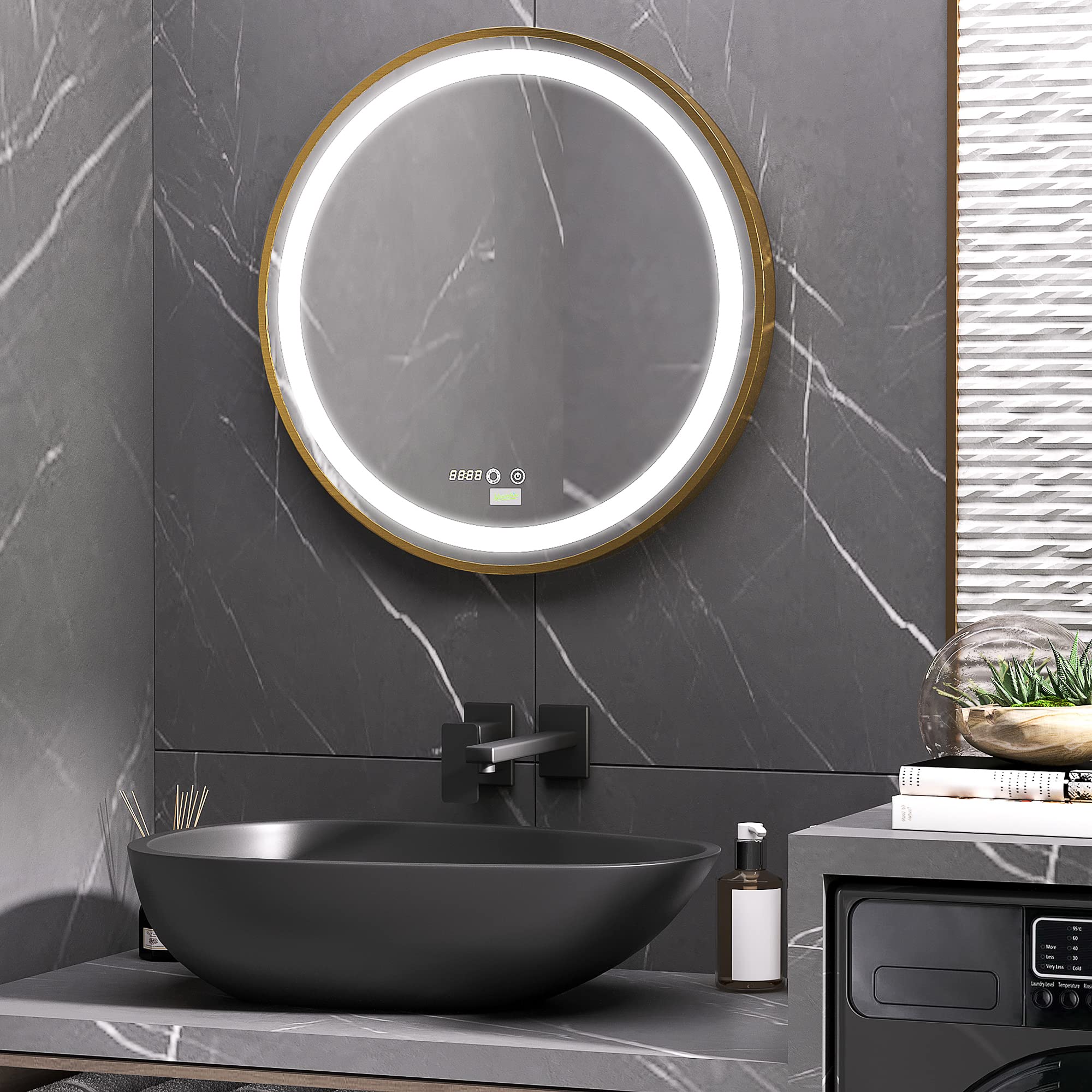 kleankin Espejo de Baño con Luz LED Ø60x4 cm Espejo Redondo 3 Luces Dorado | Interruptor Táctil, Ajustable, Visualización de Temperatura y Hora, Función de Memoria, Marco de Aluminio