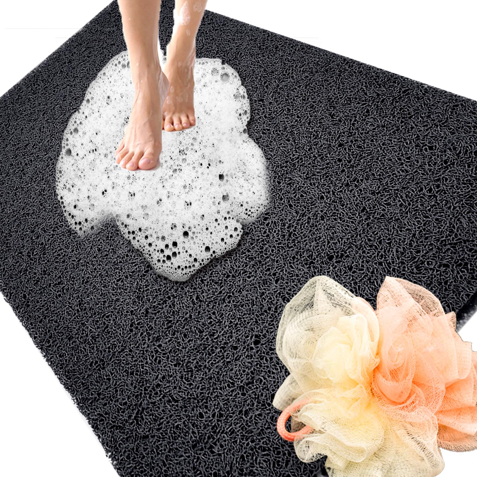 Alfombrillas de ducha antideslizantes para ancianos, 24 x 47 pulgadas, tapete de ducha antideslizante de lufa para ducha, tapete antideslizante para baño/ducha para ancianos, color negro