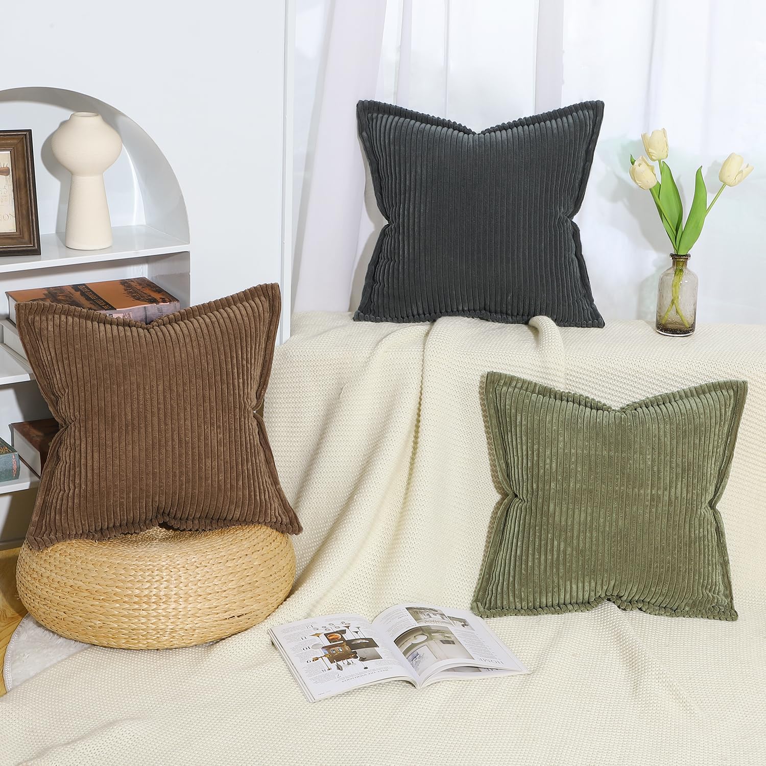 MADIZZ Brown Corduroy Throw Pillow Covers 24x24 inch with Fringe Edge Set of 2 Super Soft Boho Striped Pillow Covers Broadside Decorative Textured Throw Pillows for Sofa Bedroom Pillow Shell