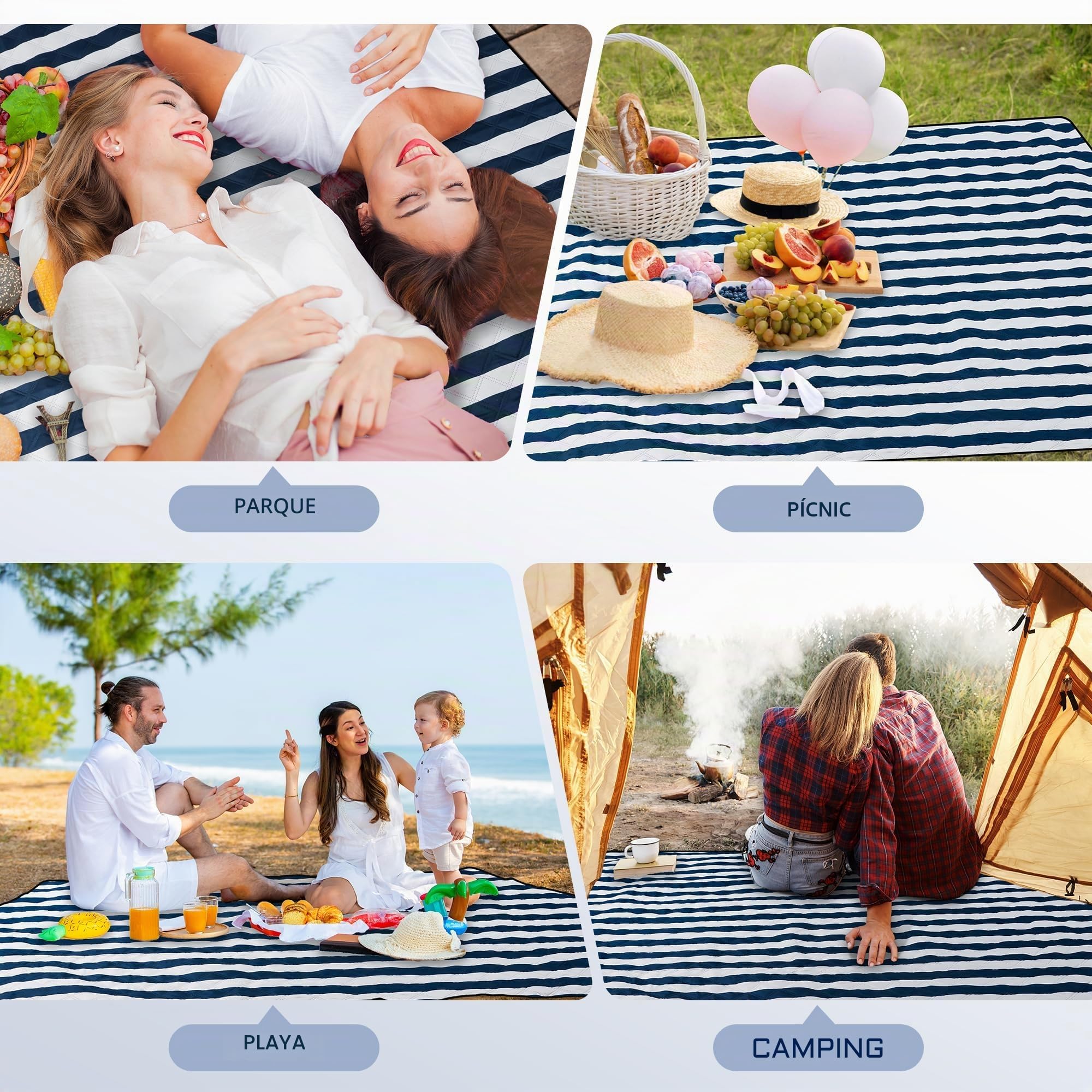 Manta de Picnic Impermeable 200 x 200cm, Manta Playa Sin Arena, Portátil Lavable Esterilla Playa Grande, Manta de Camping para Exteriores, Camping, Playa, Parque, Festival y Picnic