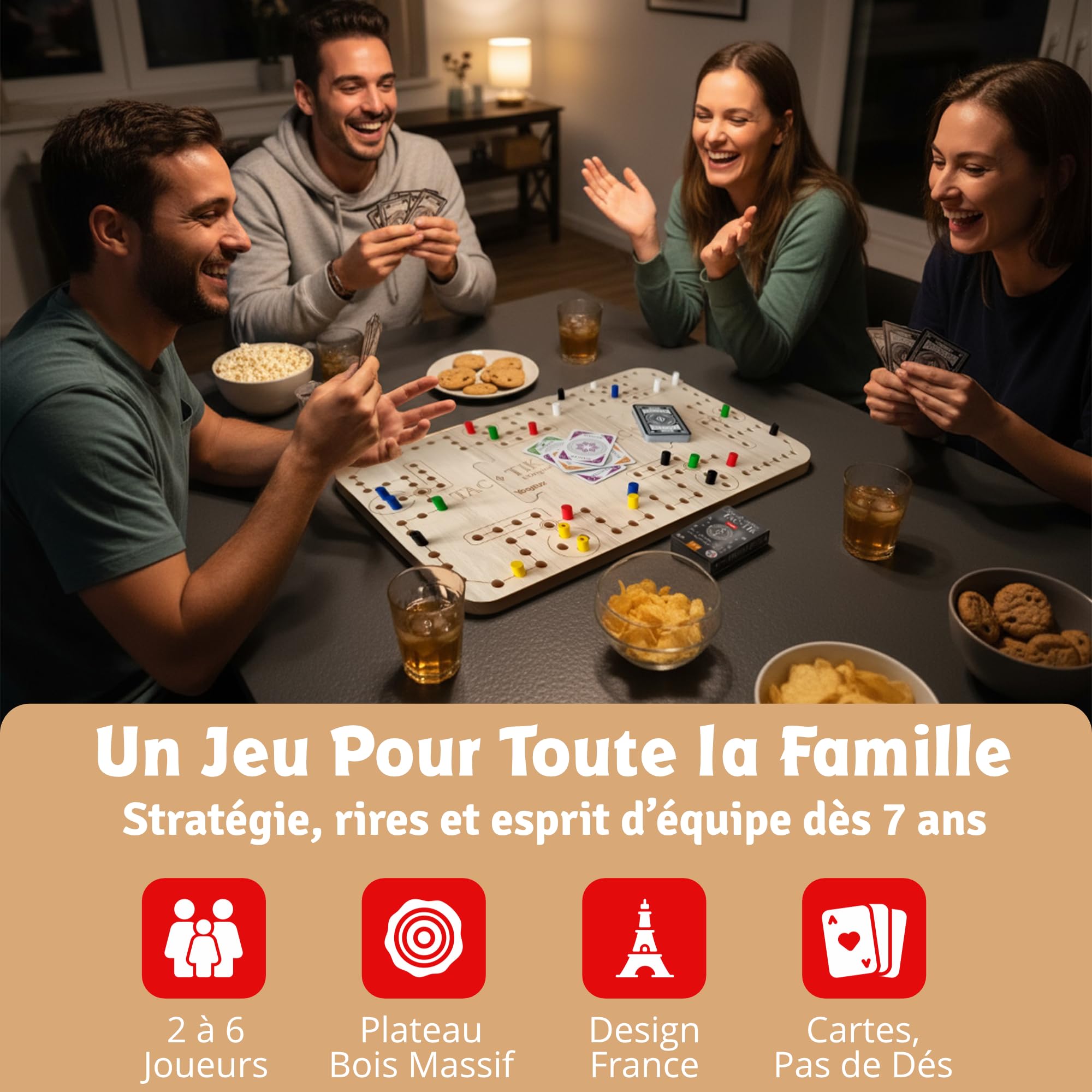Tac-TIK L'Original Jeu du Tock en Bois pour 2 à 6 Joueurs dès 7 Ans | Jeu de société familial et stratégique, parcours gravé, 24 pions et 54 cartes pour jouer ensemble et varier les parties.