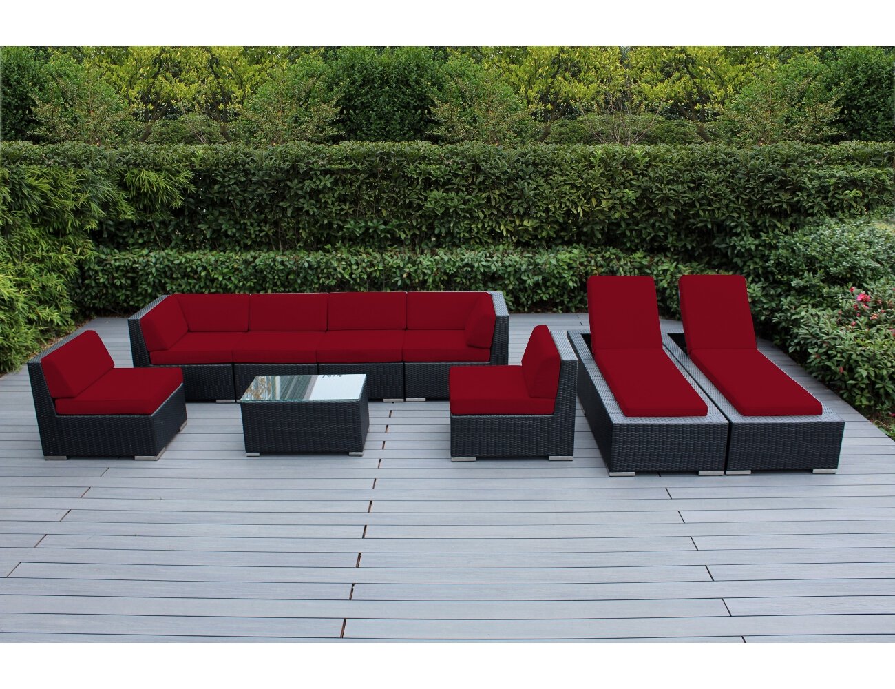 Ohana 9 Piece Outdoor Patio Furniture Sectional Sofa And Chaise Lounge Set Black Wicker With Sunbrella Jockey Red Cushions No Assembly With Free Patio Cover Buy Online In Armenia Ohana