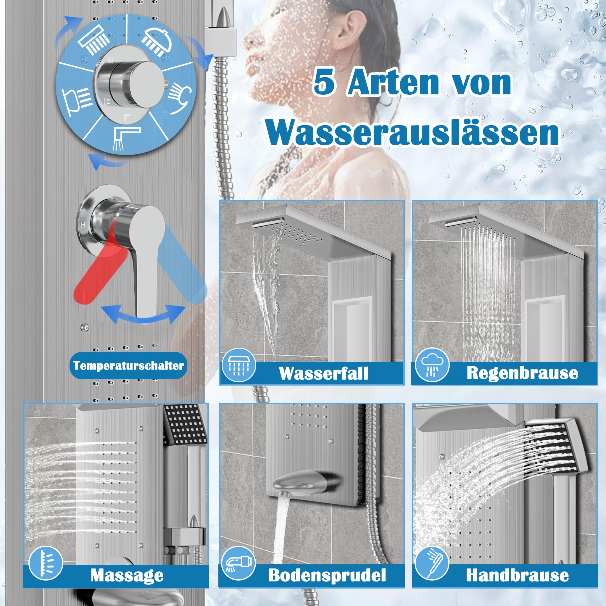 NAIZY Pannello doccia con rubinetto, sistema 5 in 1 con ripiano integrato, set multifunzione con doccetta per massaggio, cascata e pioggia, rubinetto in acciaio inox 304