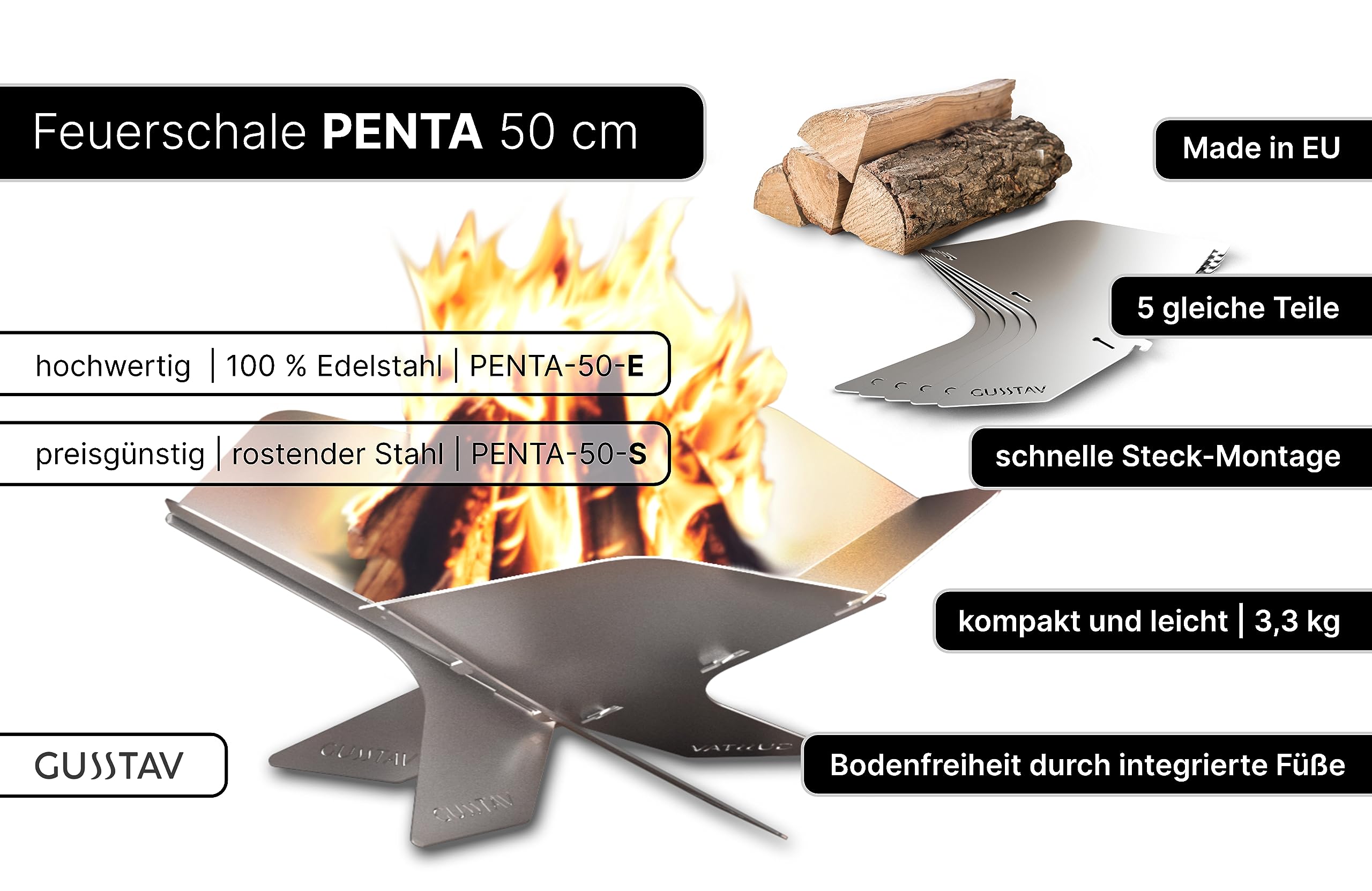 Design Camping Feuerschale aus Edelstahl | Faltbare Feuerstelle Outdoor, Camping, Garten | Mobile, demontierbare und steckbare Feuerstelle für das Mobile Lagerfeuer
