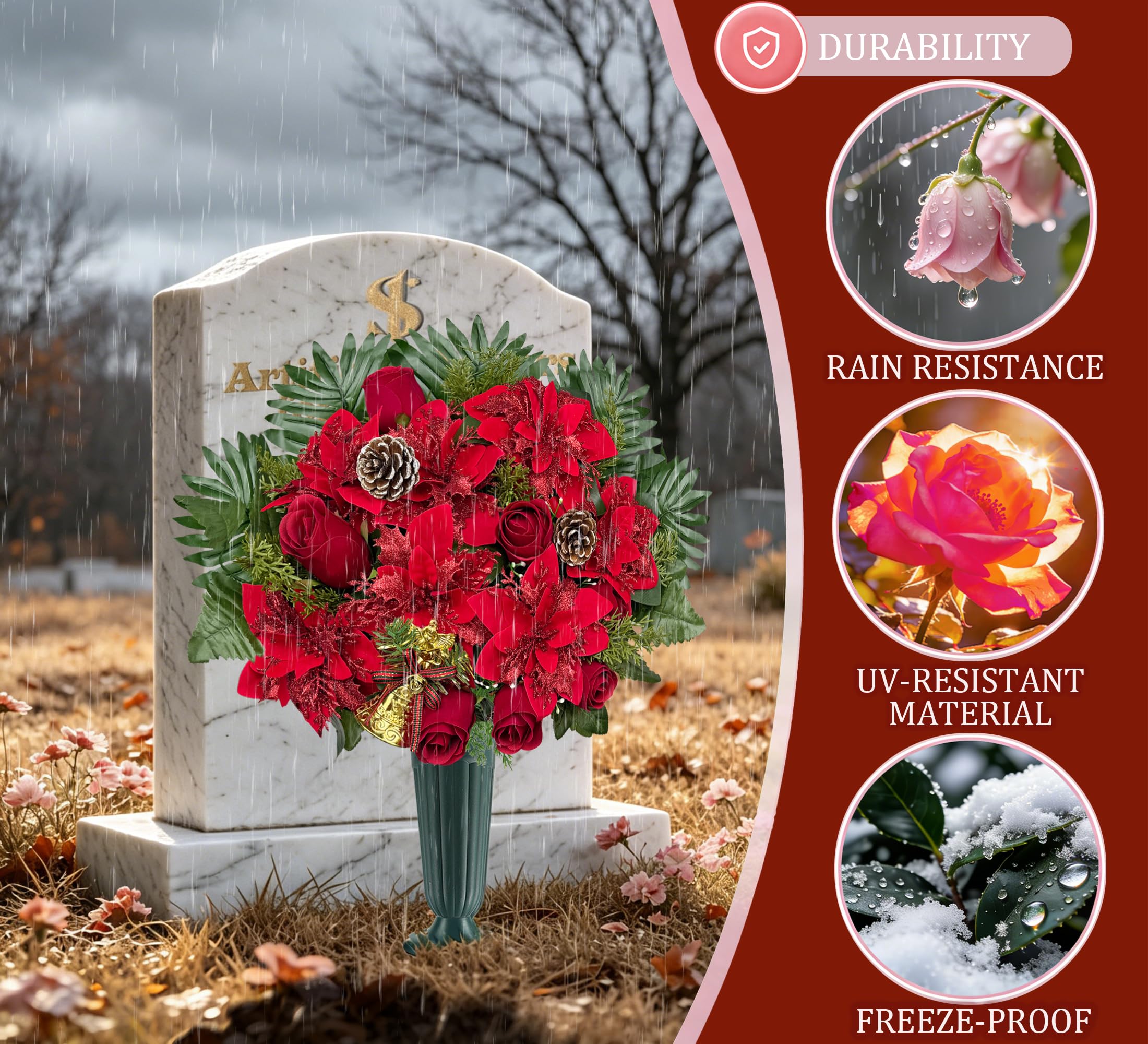 Fleur de tombe artificielle pour cimetière, poinsettia de Noël décorative pour pierre tombale, facile à installer
