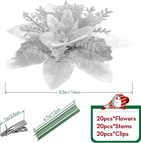 Miniatura 6 de Serwalin 20 flores de Navidad artificiales plateadas, flores de nochebuena con clips, tallos con purpurina, adornos para árbol de Navidad, boda
