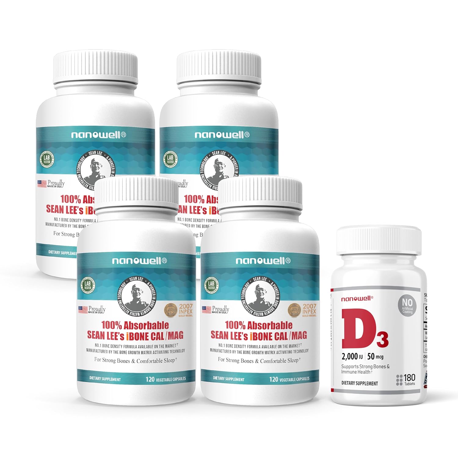 NANOWELL Sean Lees iBone Cal Mag 120 Vegetable Capsules X 4 Bottles 1 Bottle of Vitamin D3 -