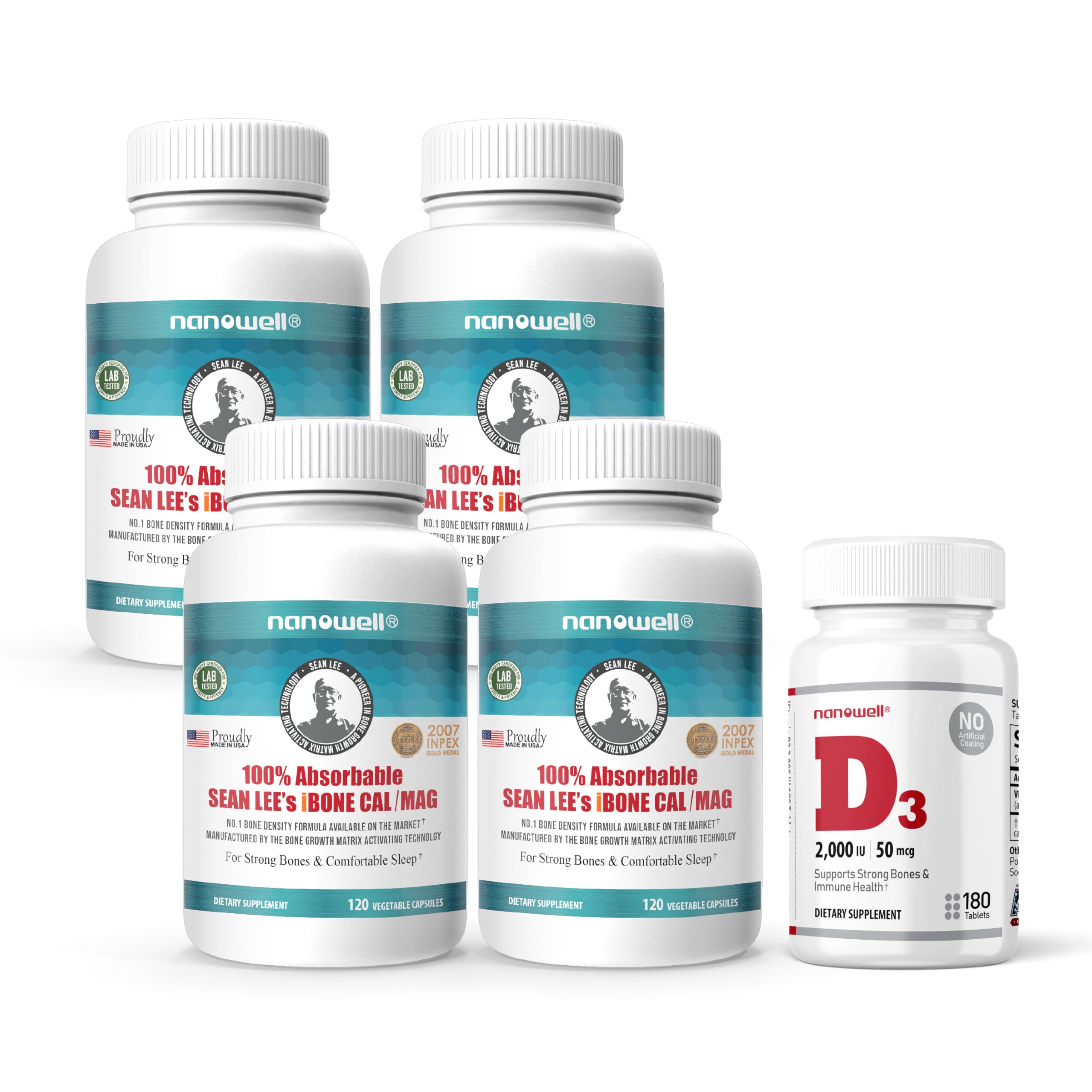 NANOWELL Sean Lees iBone Cal Mag 120 Vegetable Capsules X 4 Bottles 1 Bottle of Vitamin D3 -