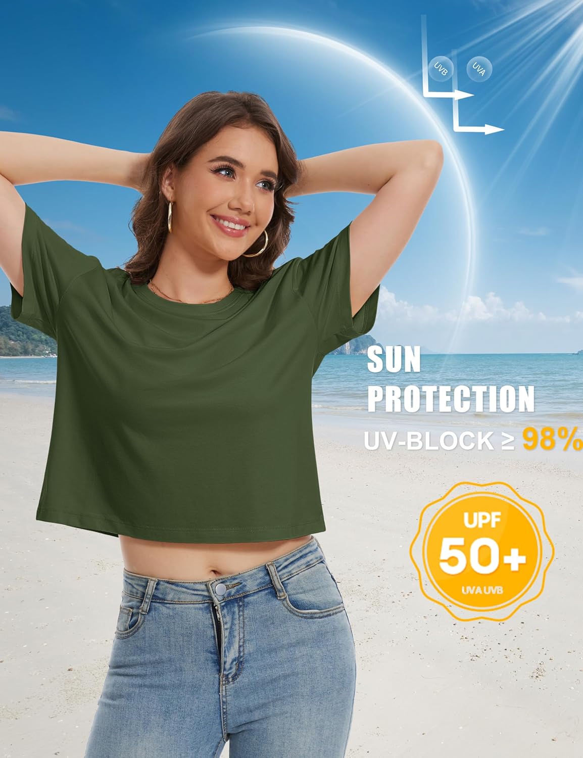 YUCOLEN Women's Crop Tops Summer Short Sleeve Cotton UPF 50+ Round Neck Casual Loose Cropped T-Shirts Solid Basic Tees - Image 4