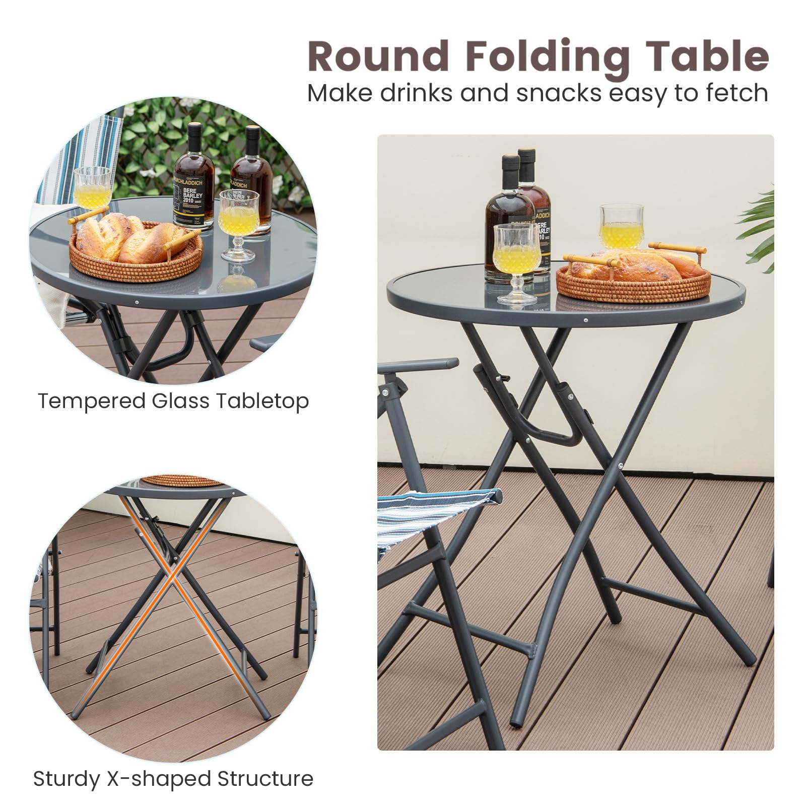 KOMFOTTEU Ensemble de Bistro, 2 Fauteuils en Teslin & Table en Verre Pliables, Ensemble de Jardin pour 2 Personnes, Meuble d'Extérieur 3 pièces, pour Balcon, Terrasse, Piscine