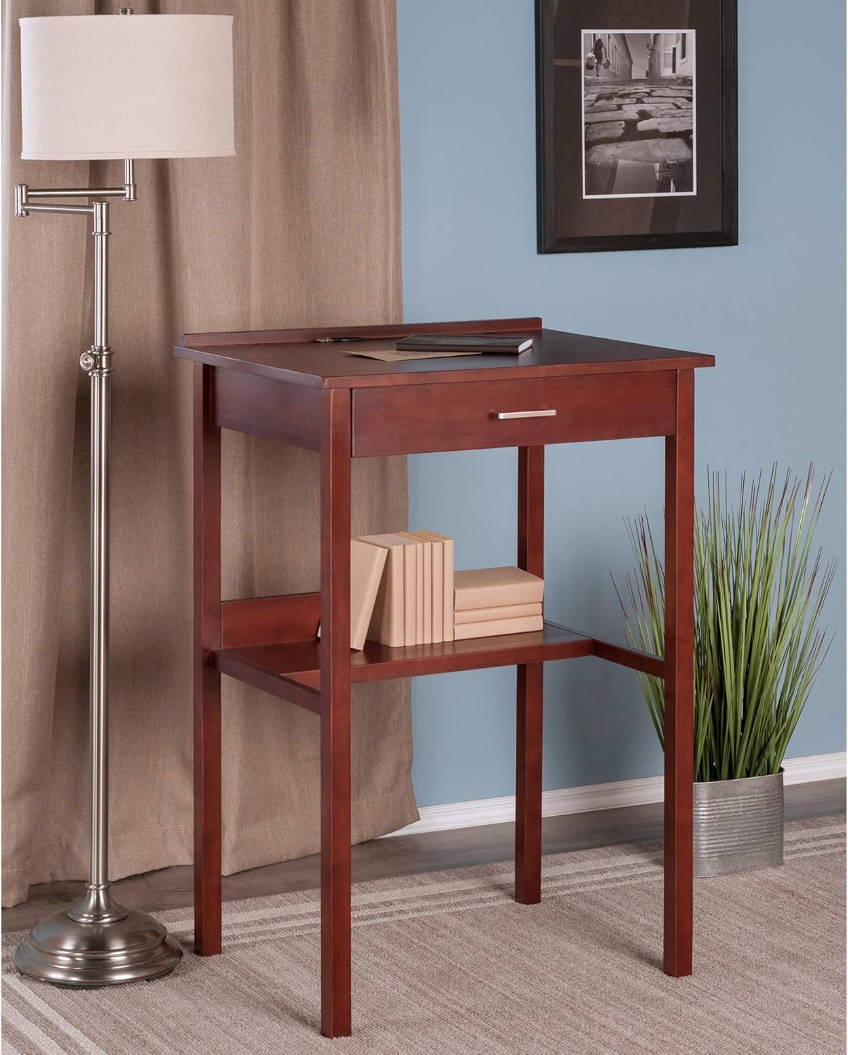 Transitional Walnut High Standing Desk with Drawer, 27.95" W