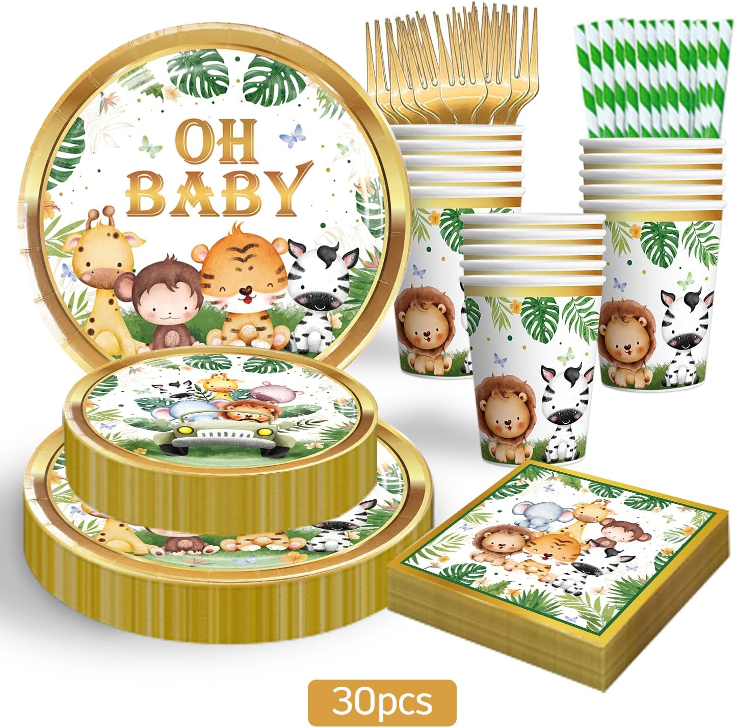 cocomigo 300PCS Safari Baby Shower Decorations, 30 Safari Theme Tableware, All-in-1 Pack Includes Backdrop Tablecloth Balloon Boxes Balloon Kit for Baby Shower Decorations Boy