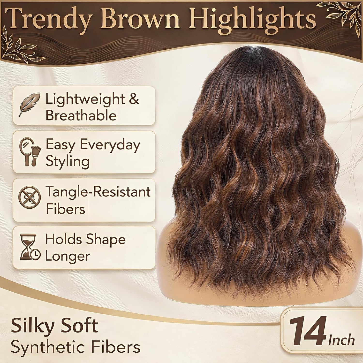 Short Wavy Bob Wig with Bangs for Women, Shoulder Length Synthetic Wig, Brown with Caramel Highlights, Heat Resistant Fiber, Glueless Natural Looking Wig for Daily Wear
