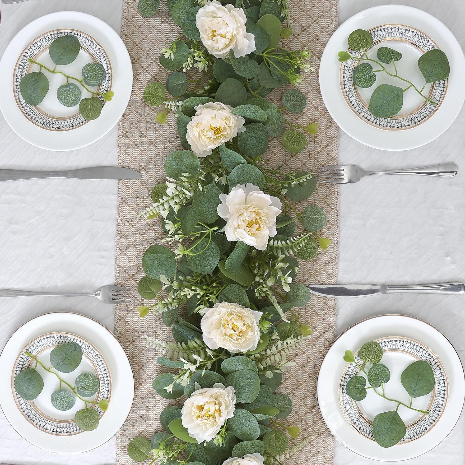 DEMIUKO 2PCS 6.56Ft Artificial Eucalyptus Flower Garland Fake Peony Flower Vine Faux Eucalyptus Leaves Greenery Garlands Spring Garland for Wedding Party Centerpiece Arch Table Runner Backdrop Decor