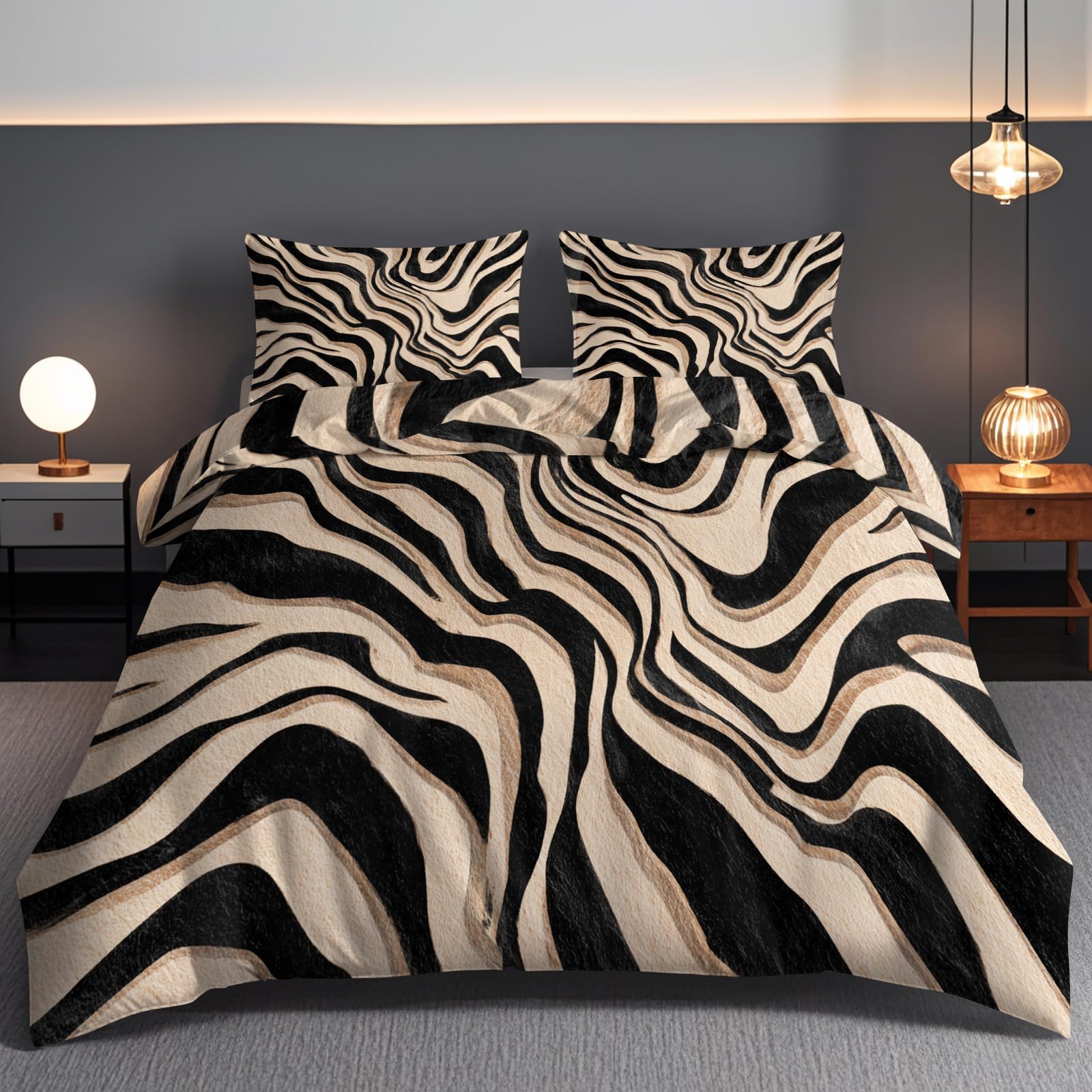 Abstract Swirl Comforter Cover Super King Duvet Cover,Modern Beige Black Zebra Stripe Bedding Set For Boys Girls Bedclothes With 2 Pillow Case Soft Microfiber Room Decoration