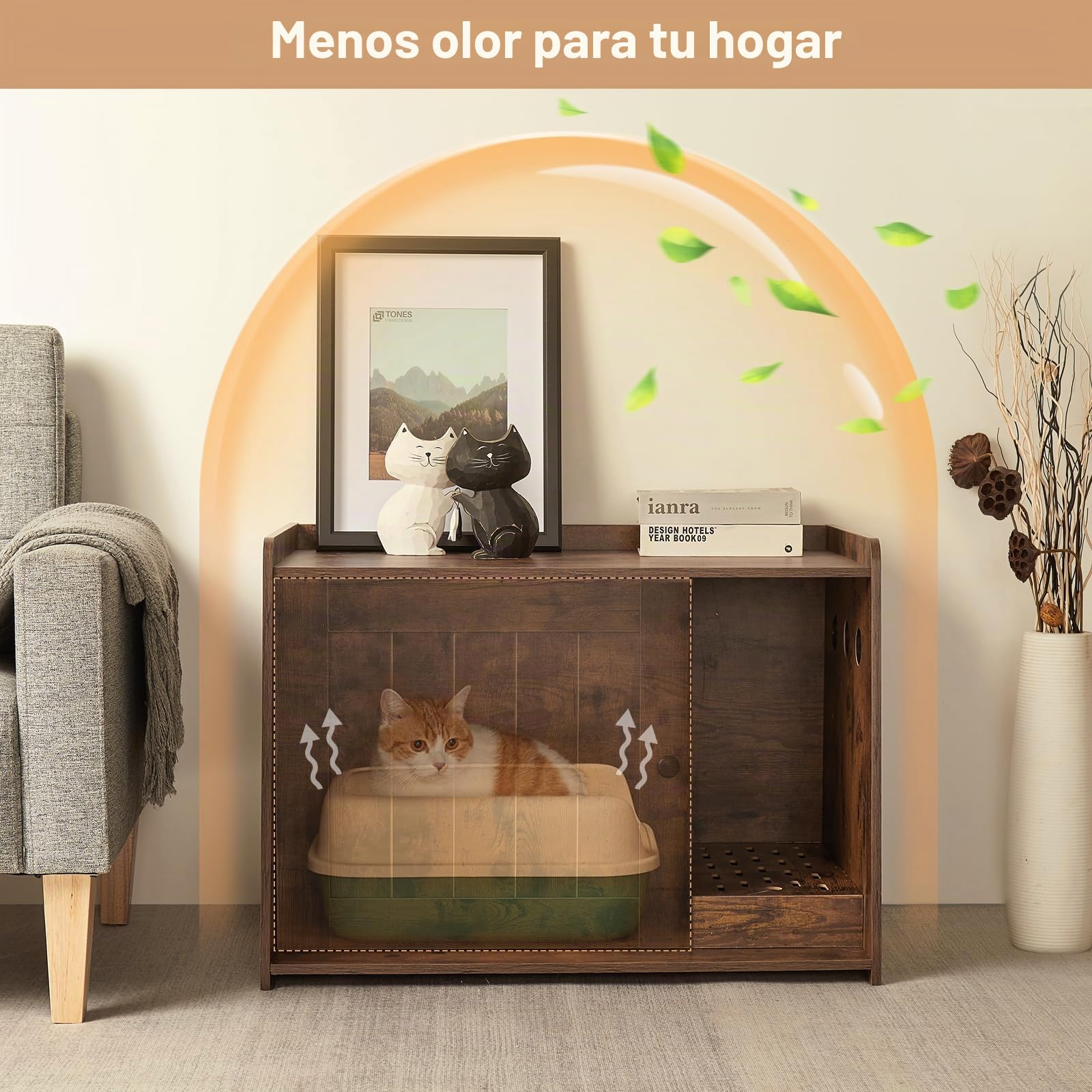Mondeer Arenero para Gatos, Caja de Arena Oculta con Puerta y Orificios de Ventilación, Estilo Industrial Casa de Interior para Gatos para Sala de Estar Dormitorio Pasillo, Marrón Retro